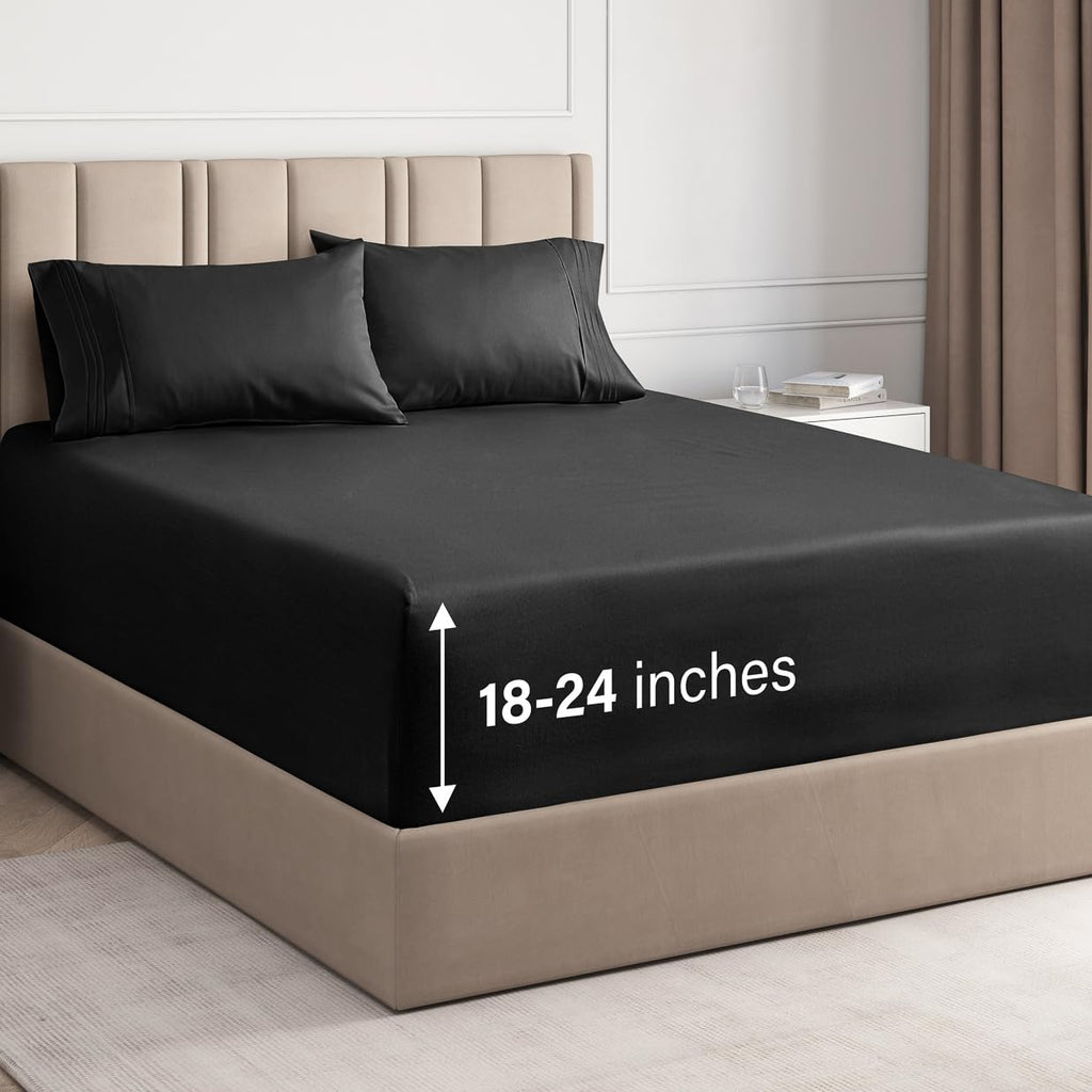 Extra Deep Pocket Cal King Sheets - 4 Piece Breathable & Cooling Bed Sheets - Hotel Luxury Bed Sheet Set - Soft, Wrinkle Free & Comfy - Easily Fits Extra Deep Mattresses - Deep Pocket Black Sheets Set