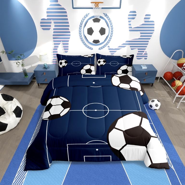 Jejeloiu Football Comforter Set Queen Size Kids Soccer Ball Pattern Comforter For Boys Girls Teens Sports Theme Bedding Set Brea