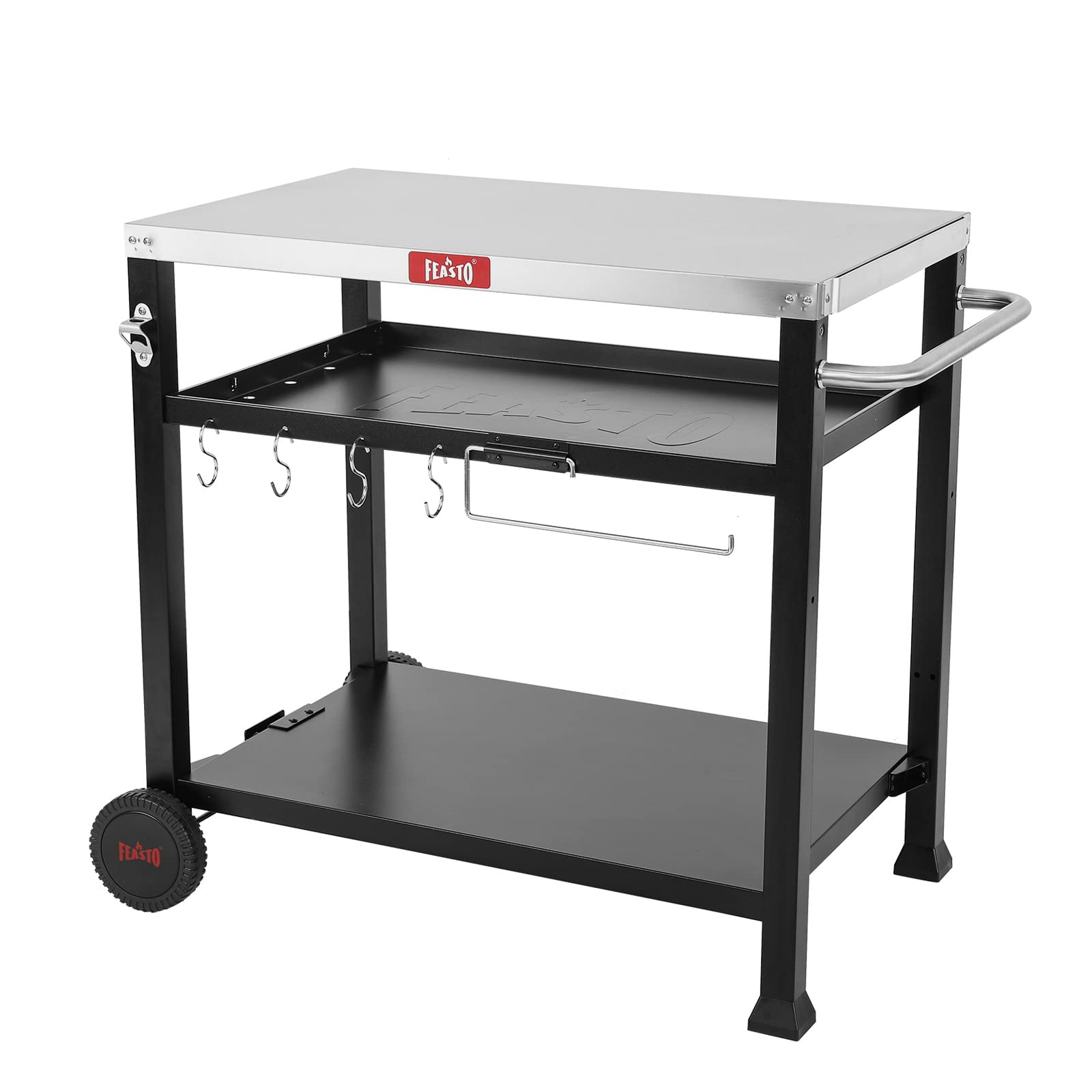Feasto 3-Shelf Movable Food Prep And Pizza Oven Table, Bbq Grill Cart, Home & Outdoor Multifunctional Stainless Steel Table Top