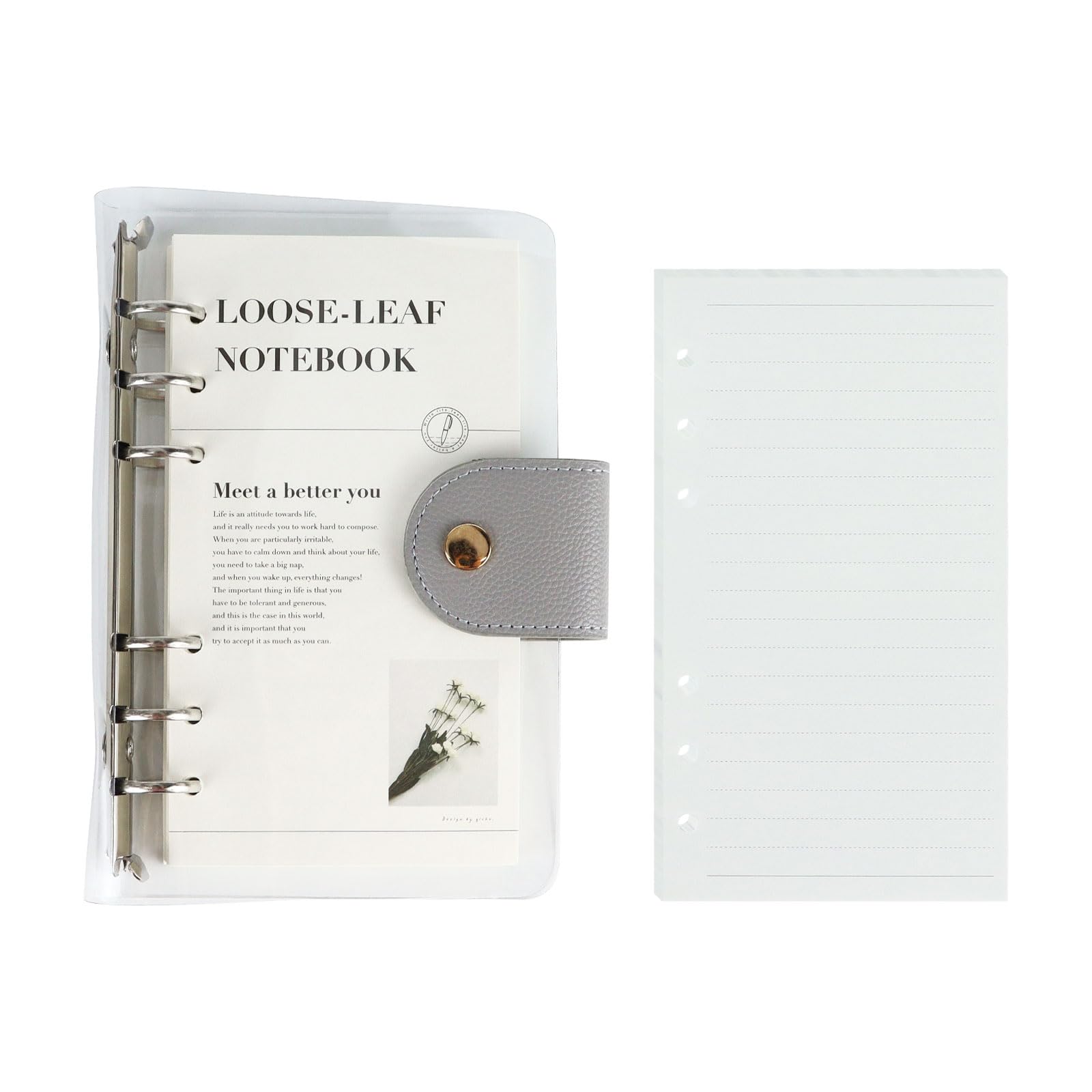 A6 Binder 6-Ring Clear Binder Notebook Cover, Silver Round Ring With 90 Sheets Lined Inner Papers, A6 Planner Budget Binder With