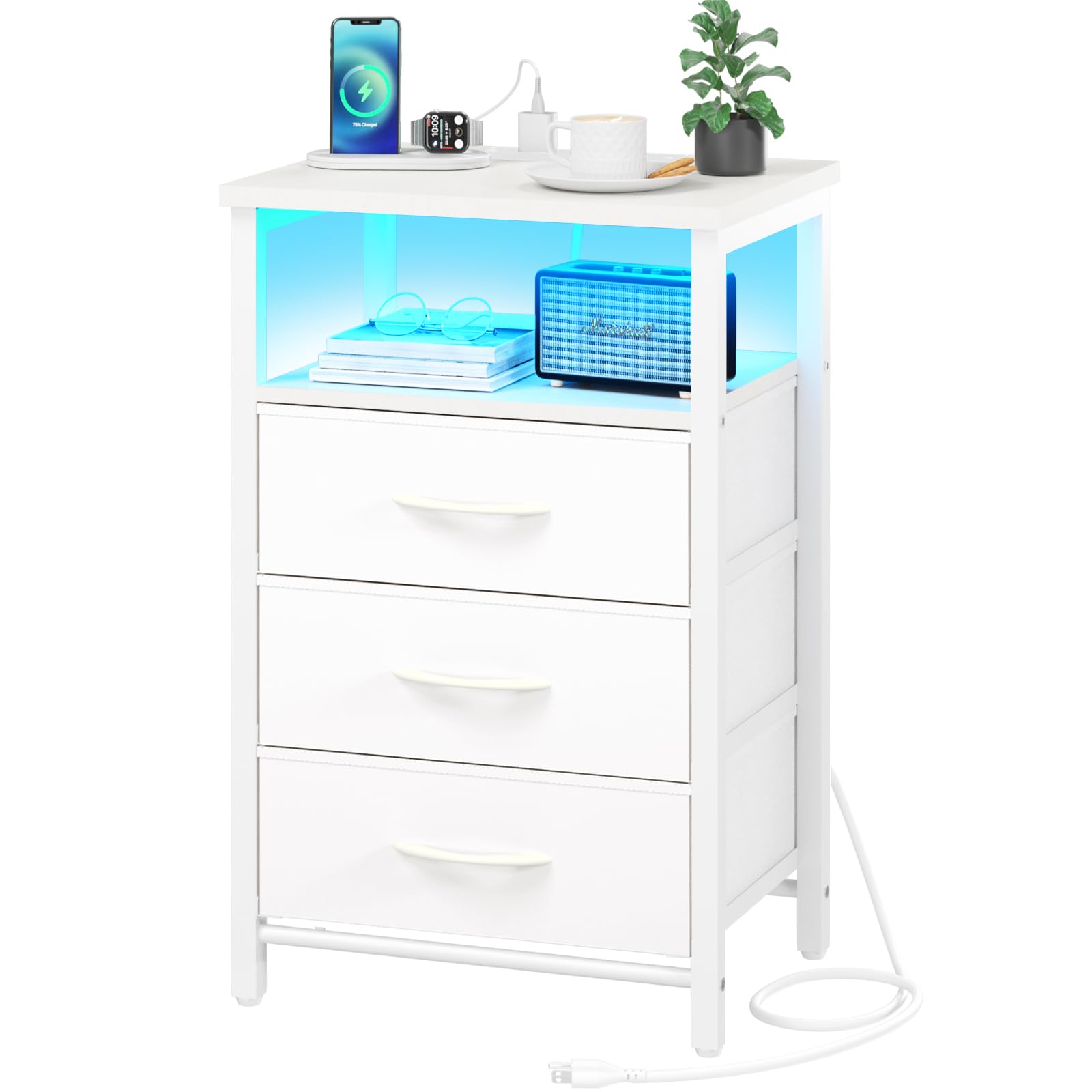 Yoobure Night Stand With Charging Station, 16 Colors Led Nightstand With Usb Ports And Outlets, End Table With 3 Fabric Drawers And Storage Shelf, Bedside Tables Small Dresser For Small Space White