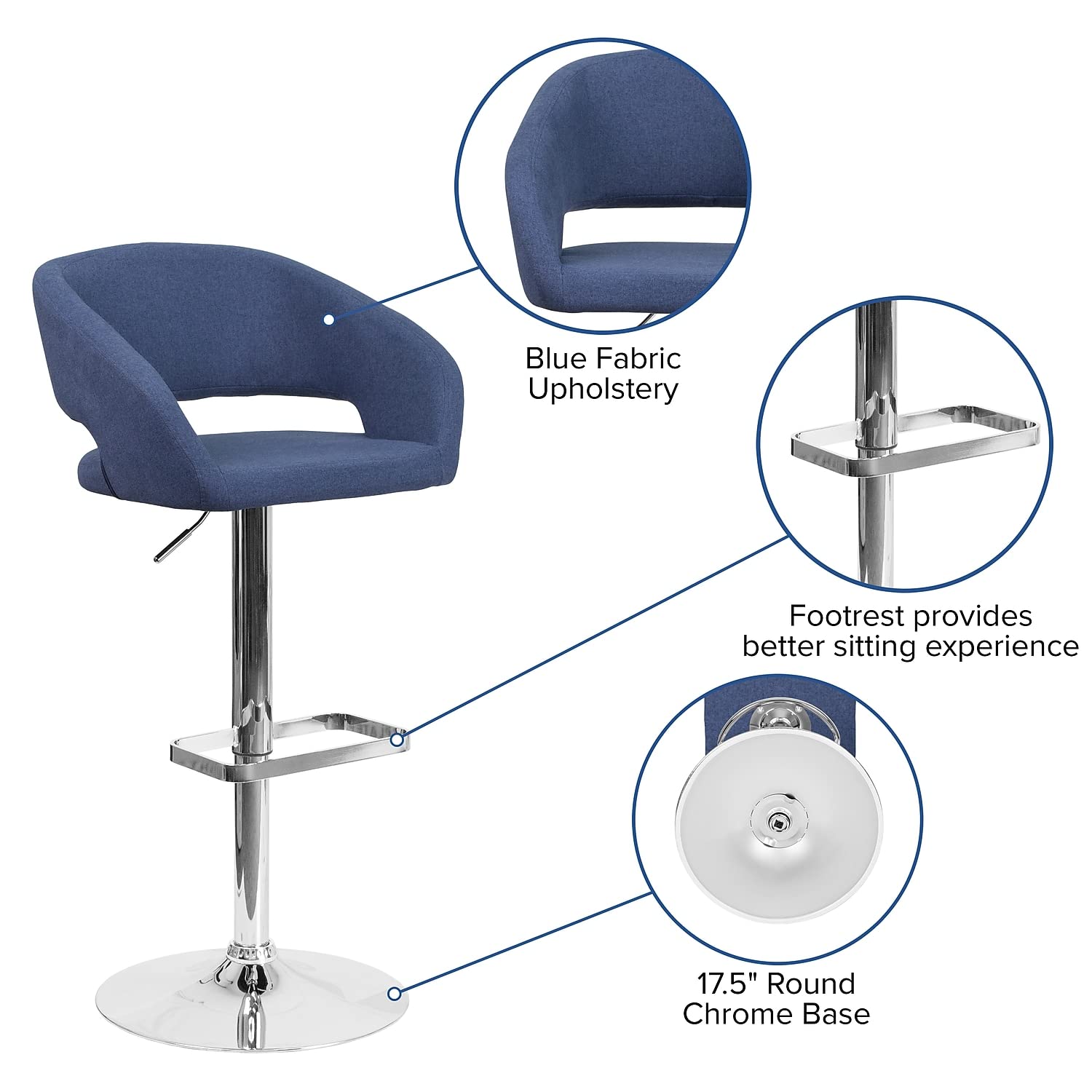 Flash Furniture Erik Comfortable & Stylish Contemporary Barstool With Rounded Mid-Back And Foot Rest, Adjustable Height - Blue Fabric With Chrome Base