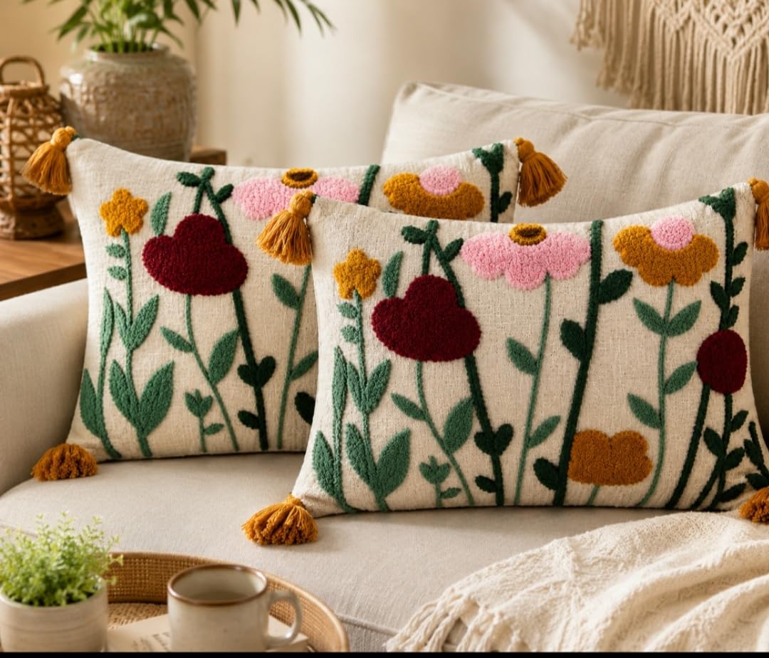Jutiepie Flowered Handloom Brown & Cream Cotton Cushion Cover With Tassel | Sofa, Diwan, Bedroom, Living Room | Rectangle Throw
