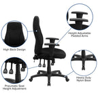 Flash Furniture Hughes High Back Black Fabric Multifunction Swivel Ergonomic Task Office Chair with Adjustable Arms