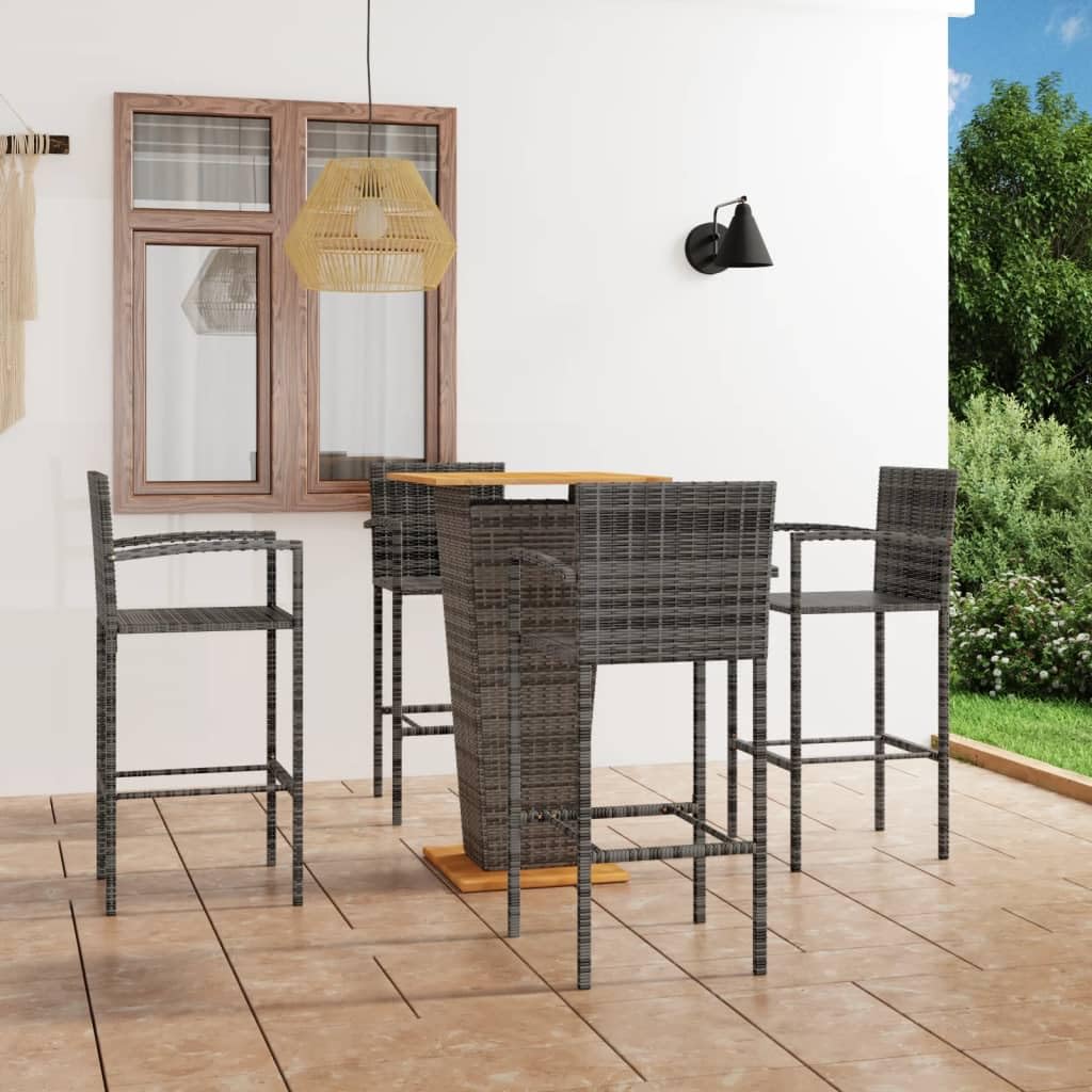vidaXL 5-Piece Patio Bar Set in Gray - Weather-Resistant PE Rattan and Powder-Coated Steel Frame with Acacia Wood Tabletop - Easy to Assemble