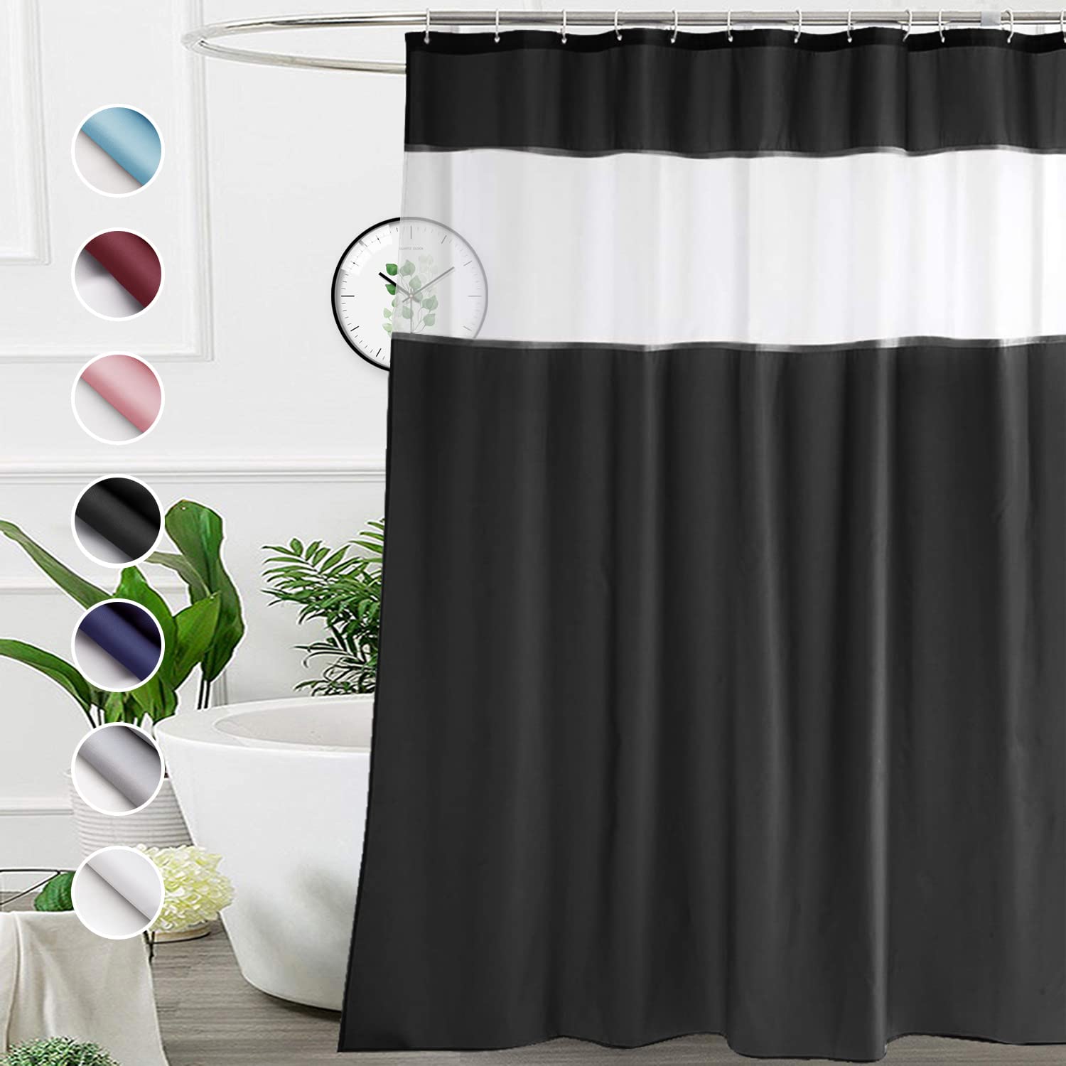 Ufriday Black And White Shower Curtain 72 X 72 Inch, Machine Washable Fabric Shower Curtains For Bathroom With Mesh Top Window,
