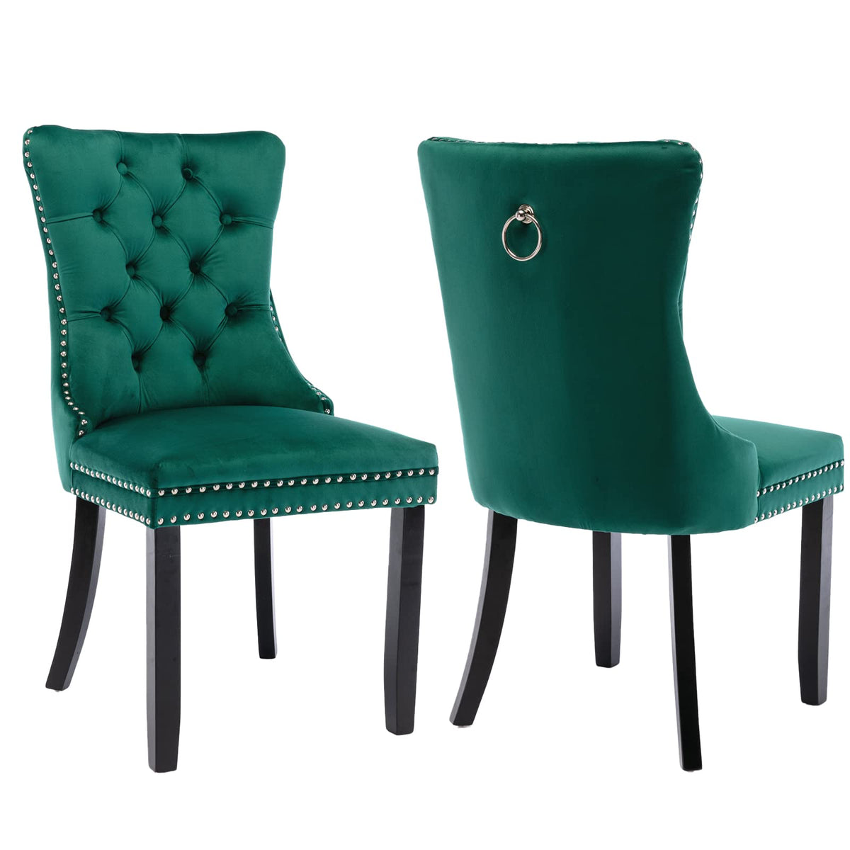 Green Velvet Dining Chairs Set Of 2, Upholstered Dining Room Chairs With Back Ring Pull Trim And Solid Wood Legs, Tufted Wingbac