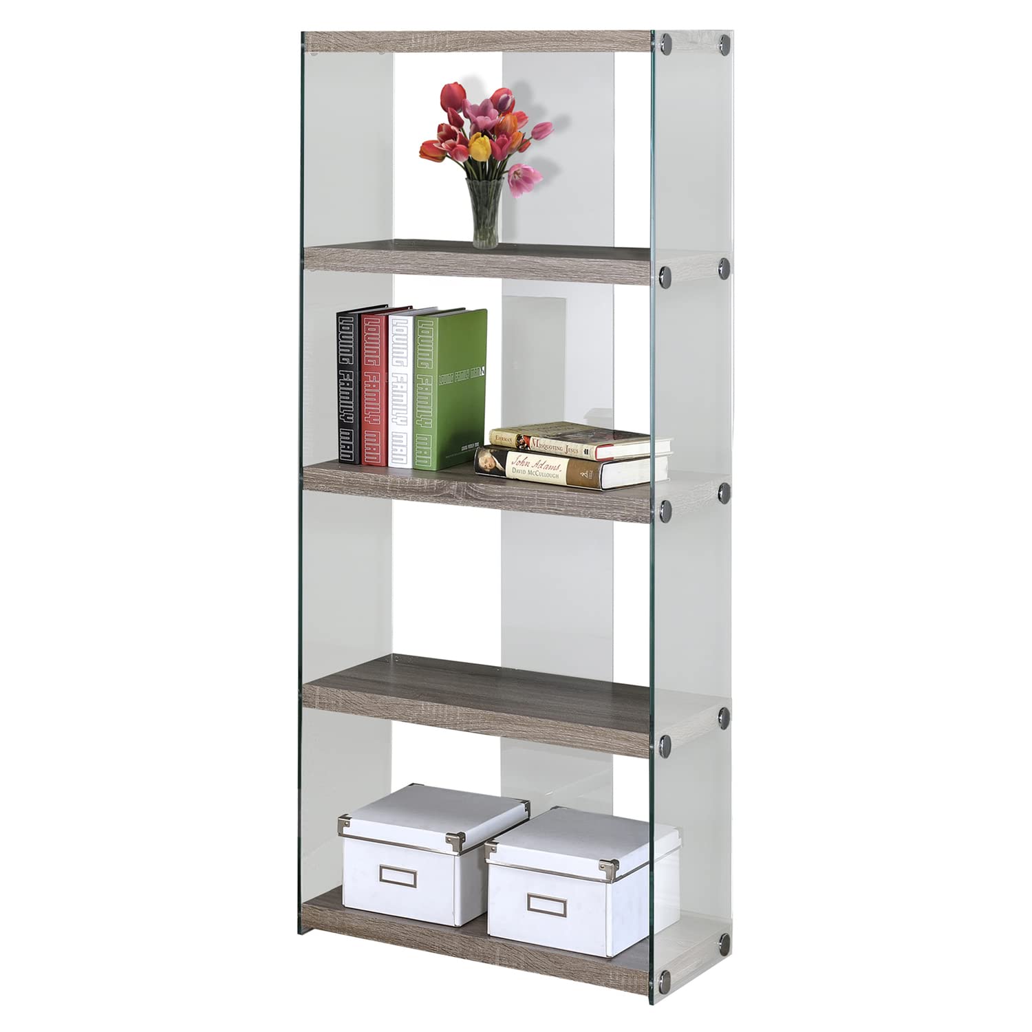 Monarch Specialties Bookcase - 5-Shelf Etagere Bookcase - Contemporary Look With Tempered Glass Frame Bookshelf - 60&quot;H (Dark Taupe)