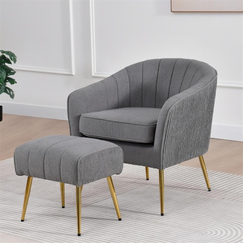 Best Quality Furniture Modern Accent Chair with Ottoman Set, Gray Teddy Fabric Upholstery, Gold Chrome Legs, Channel Tufted Backrest