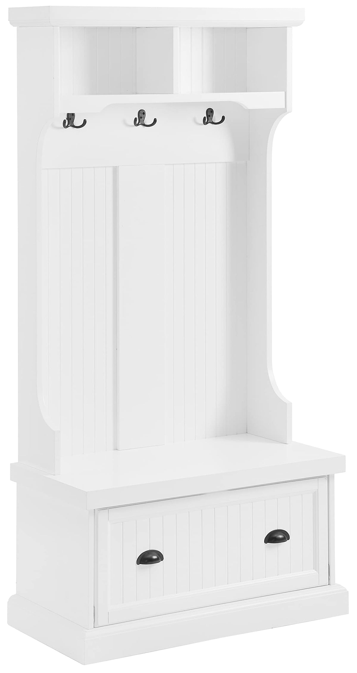 Crosley Furniture Shoreline Hall Tree with Storage Cabinets and Coat Rack Hooks for Hanging, White