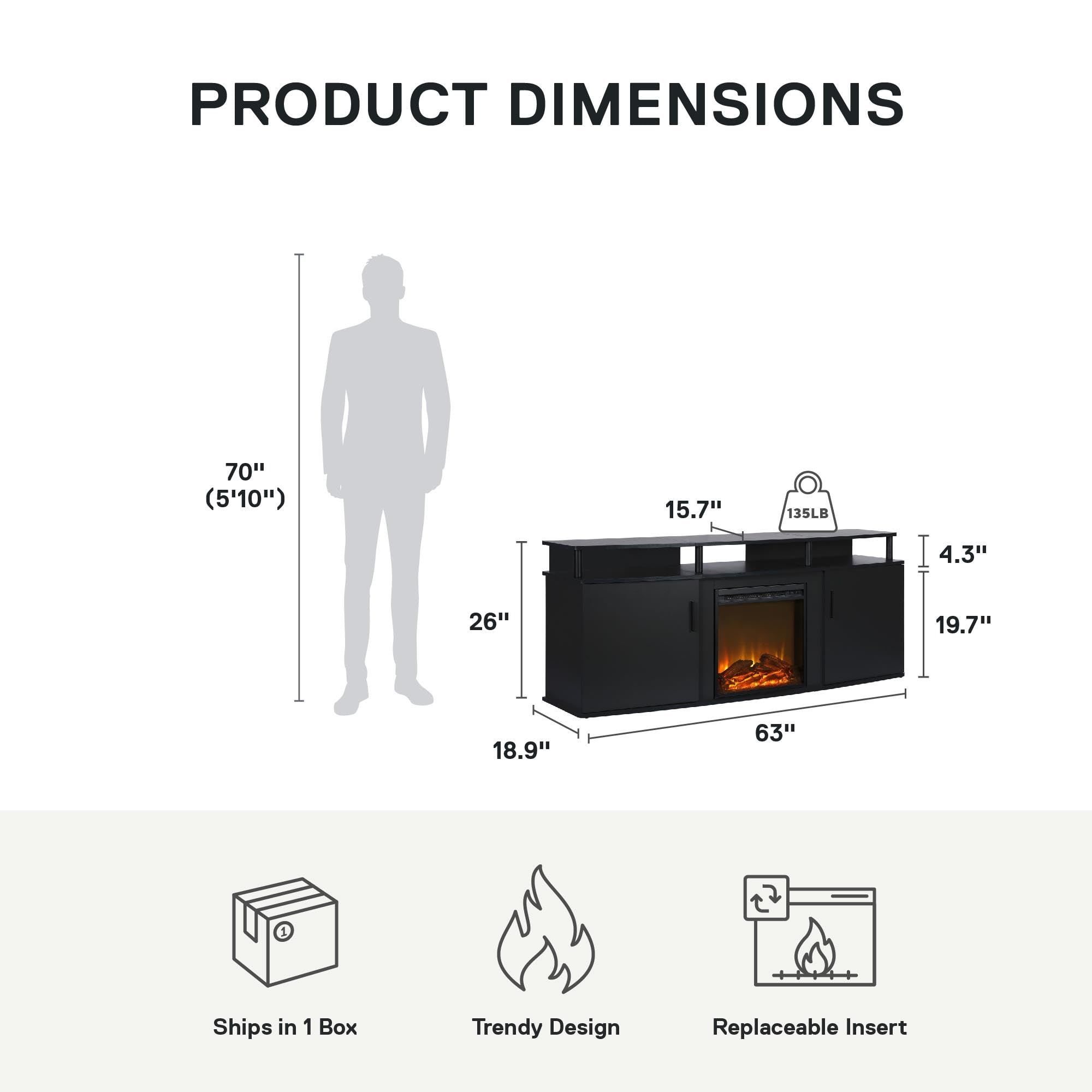 Ameriwood Home Carson Fireplace Tv Stand For Tvs Up To 70 Inch, Replaceable Electric Fireplace Insert Heater, Realistic Log And Flame Effect, For Living Room Or Bedroom, Black