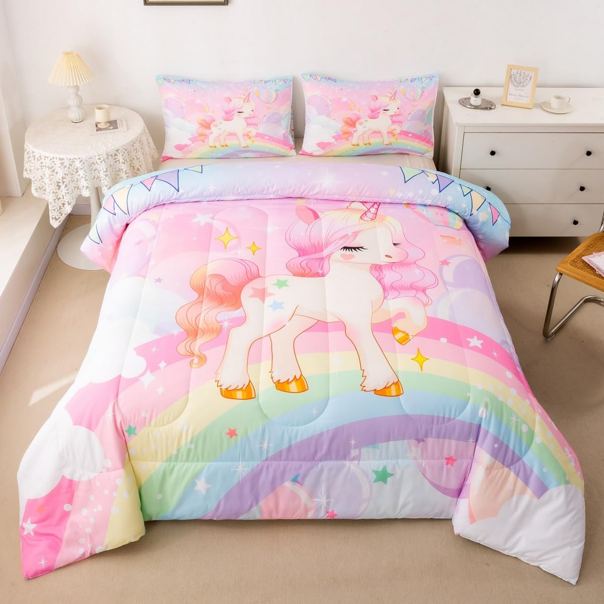 Feelyou Unicorn Girls Bedding Set Queen Rainbow Kids Pink Unicorn Comforter Set Kawaii Cute Reversible Stars Quilt Comforter Tee