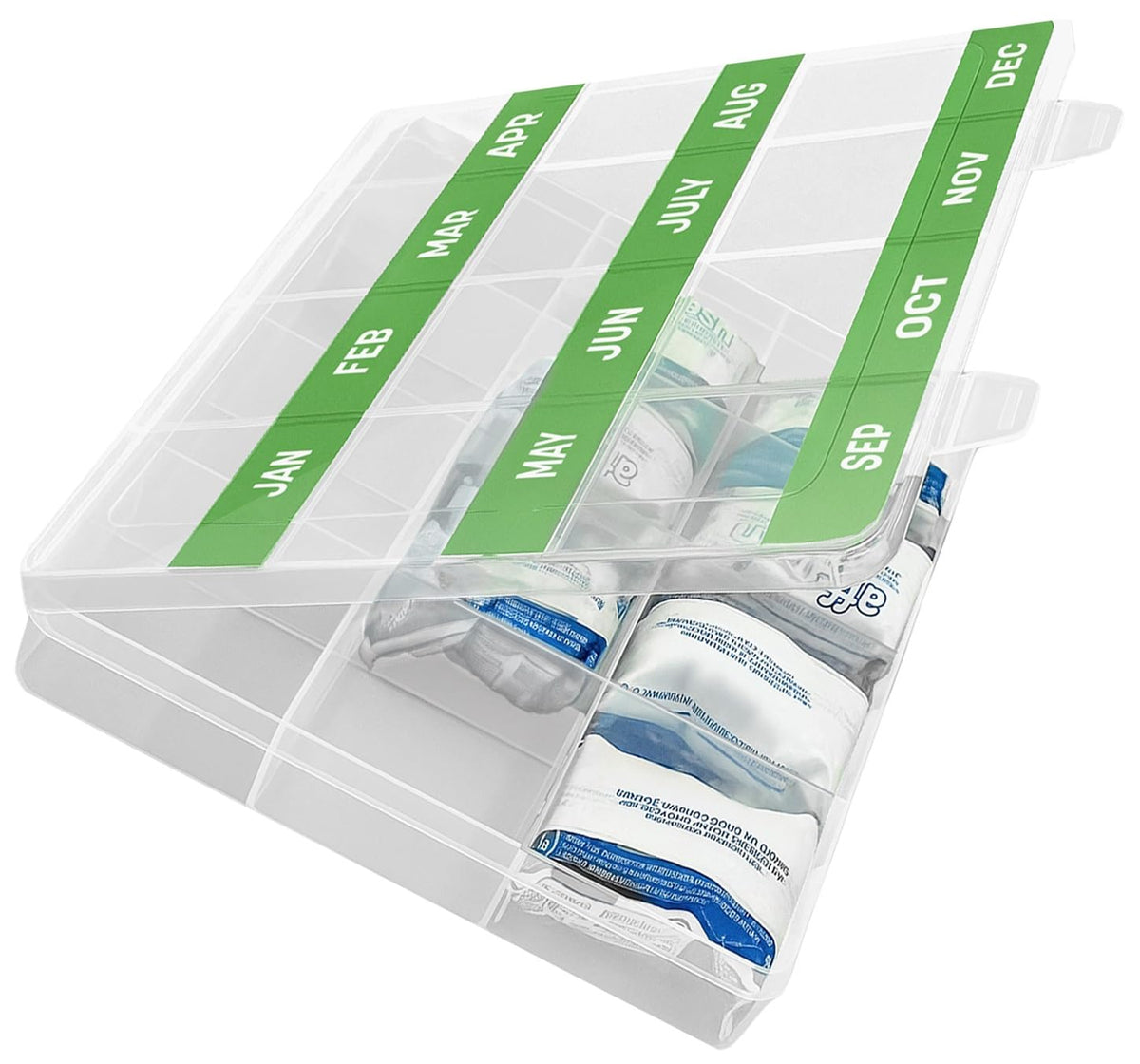 Monthly Reminder Organizer for Cleaning Tablets, 12 Labeled Compartments for Washing Machine, Dishwasher, Drain Disposal and Cof