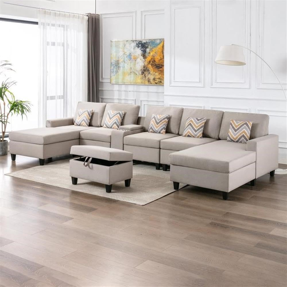 Lilola Home Nolan Beige Linen Fabric 7Pc Double Chaise Sectional Sofa with Interchangeable Legs, Storage Ottoman, Pillows, and a USB, Charging Ports, Cupholders, Storage Console Table
