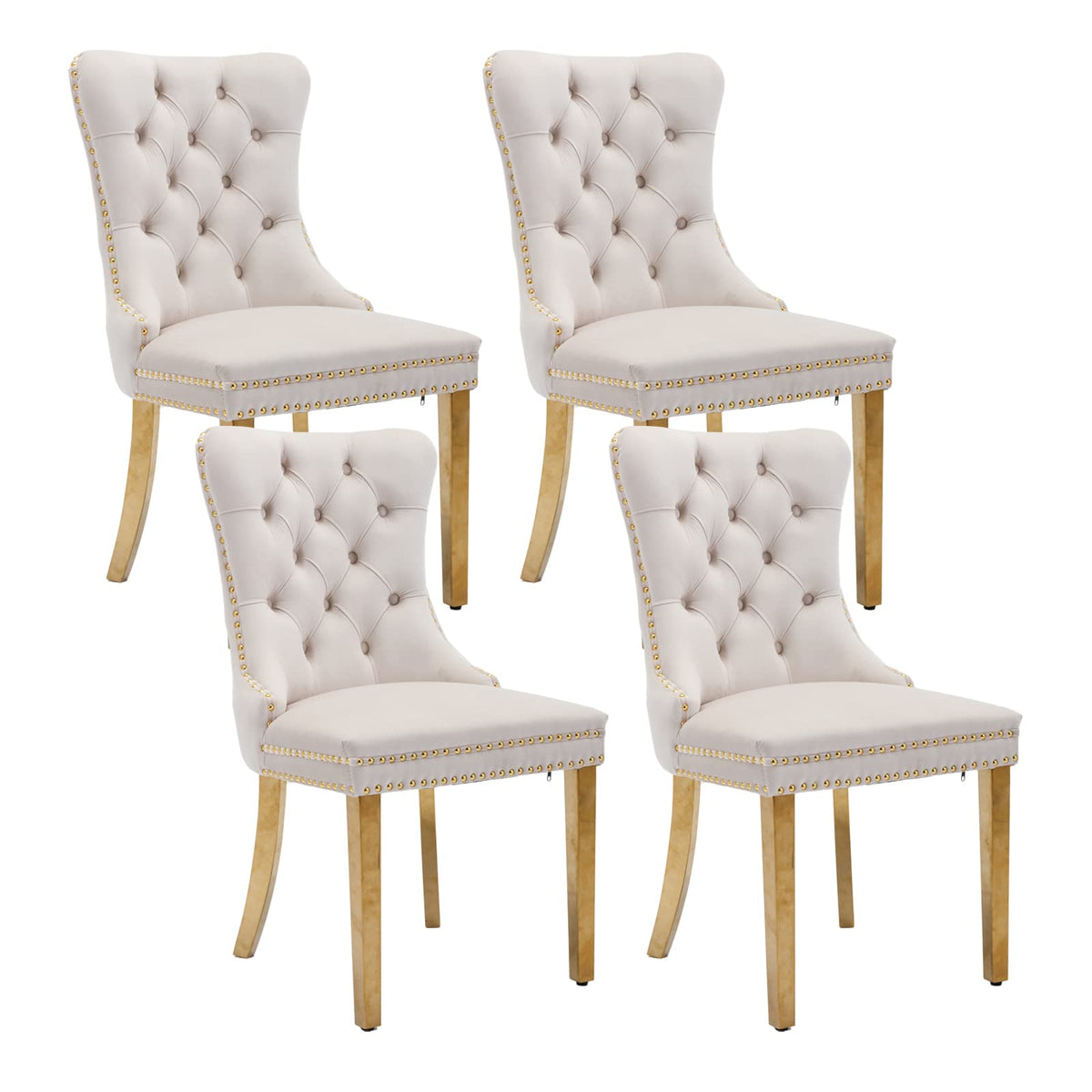 Shenyon Beige Velvet Dining Chairs Set Of 4, Upholstered Dining Room Chairs With Back Ring Pull Trim And Golden Stainless Steel