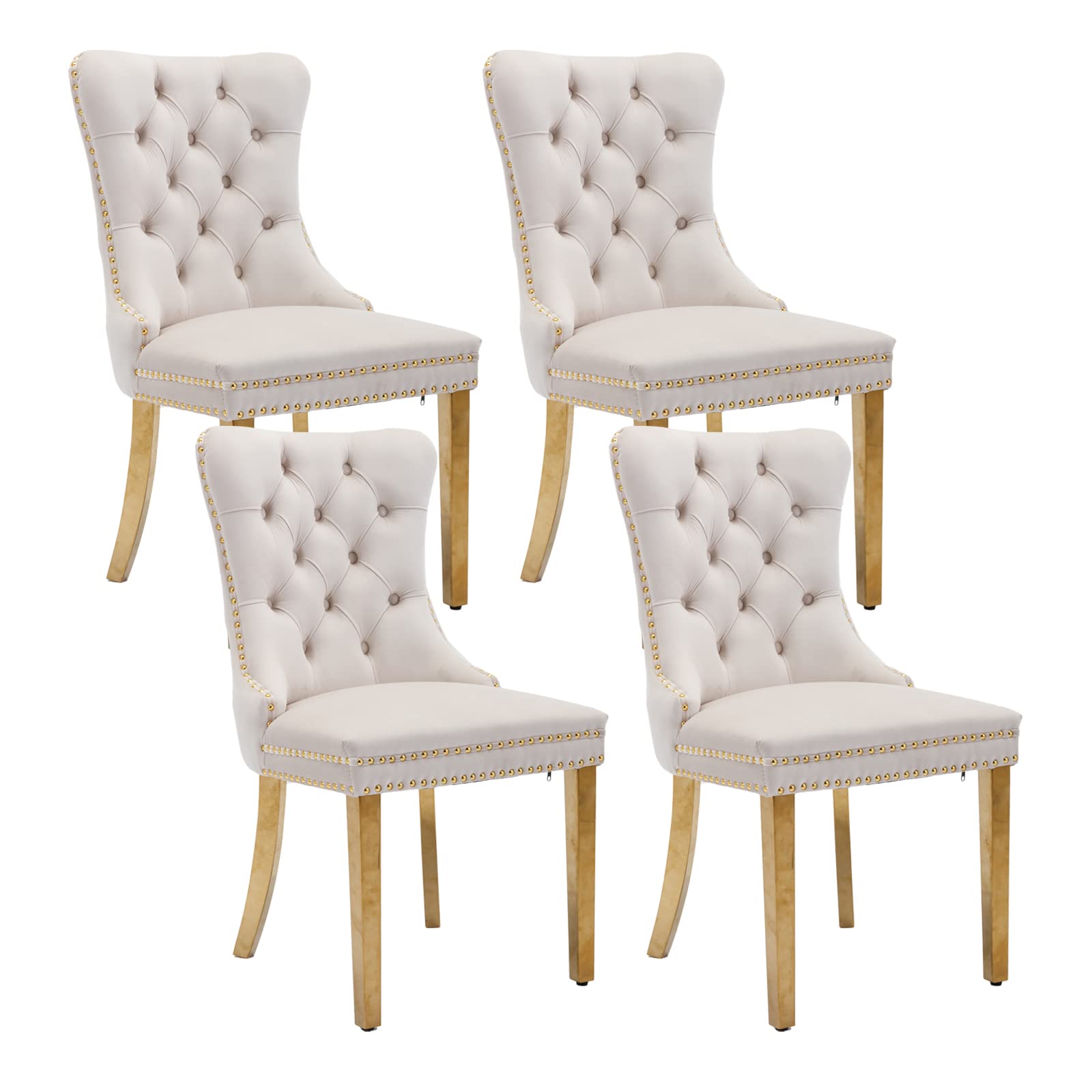 Shenyon Beige Velvet Dining Chairs Set Of 4, Upholstered Dining Room Chairs With Back Ring Pull Trim And Golden Stainless Steel