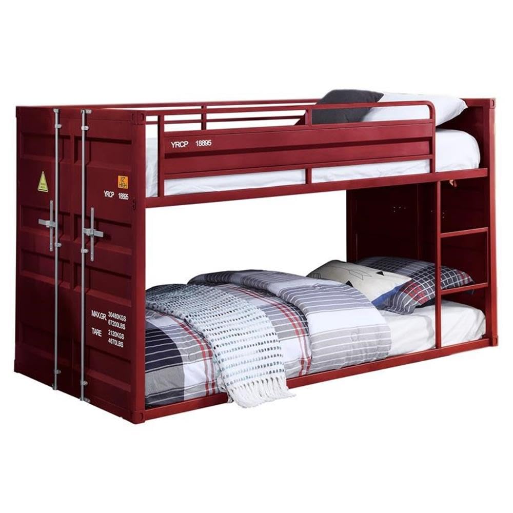 Acme Cargo Twin Over Twin Metal Bunk Bed with Ladder and Slat System in Red