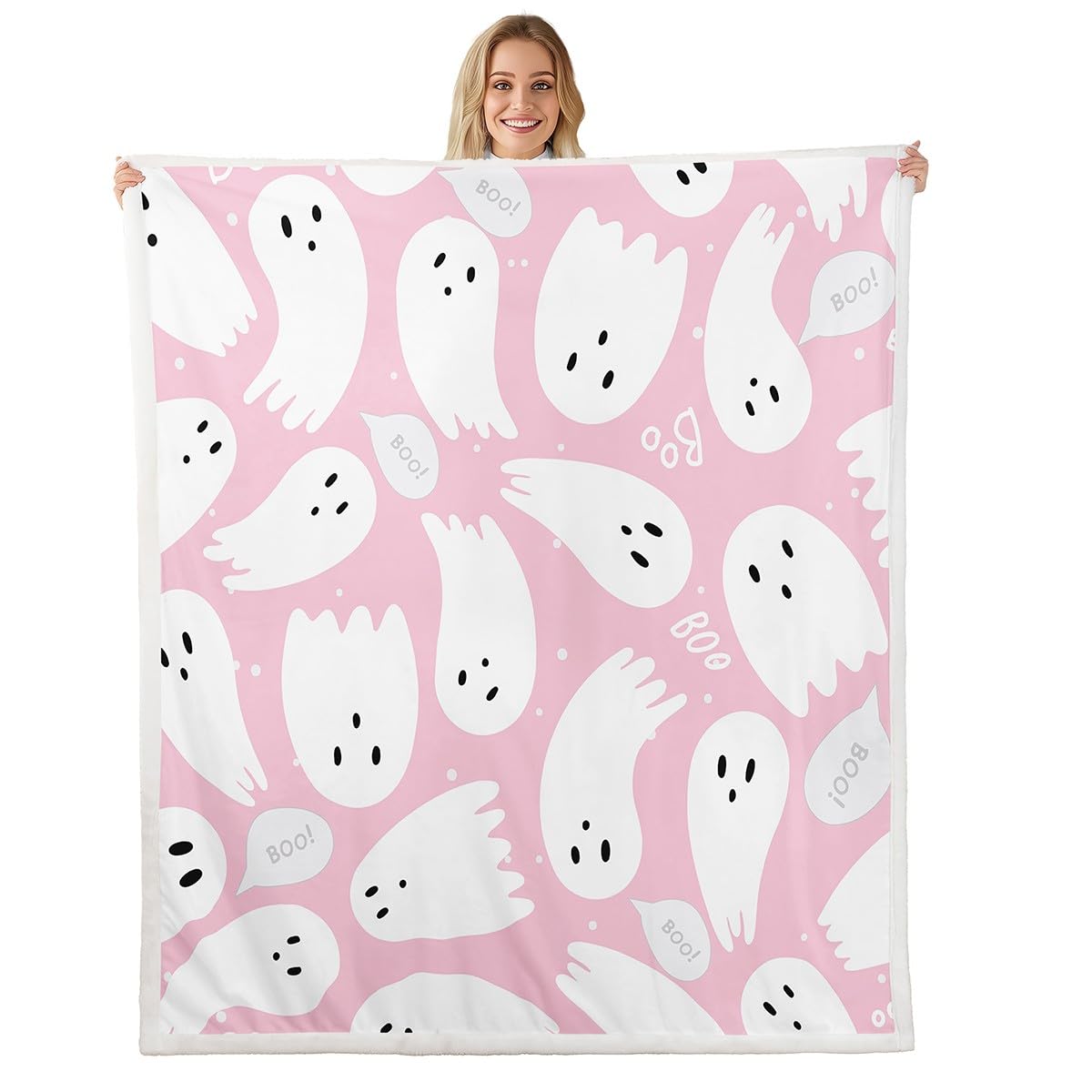 Pink Halloween Sherpa Blanket 40'x50' Cartoon Pink Ghost Fleece Throw Blanket for Bed Sofa Couch Kids Kawaii Cute Plush Blanke