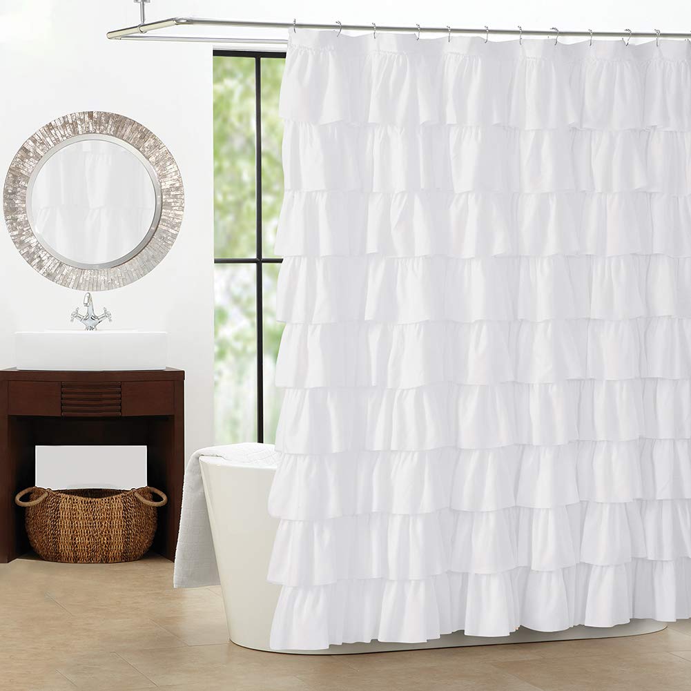 Westweir White Ruffle Shower Curtain - Farmhouse Cloth Bathroom 72 X 72 Inches Texture Fashion, Double Layer Fabric, Not See Thr