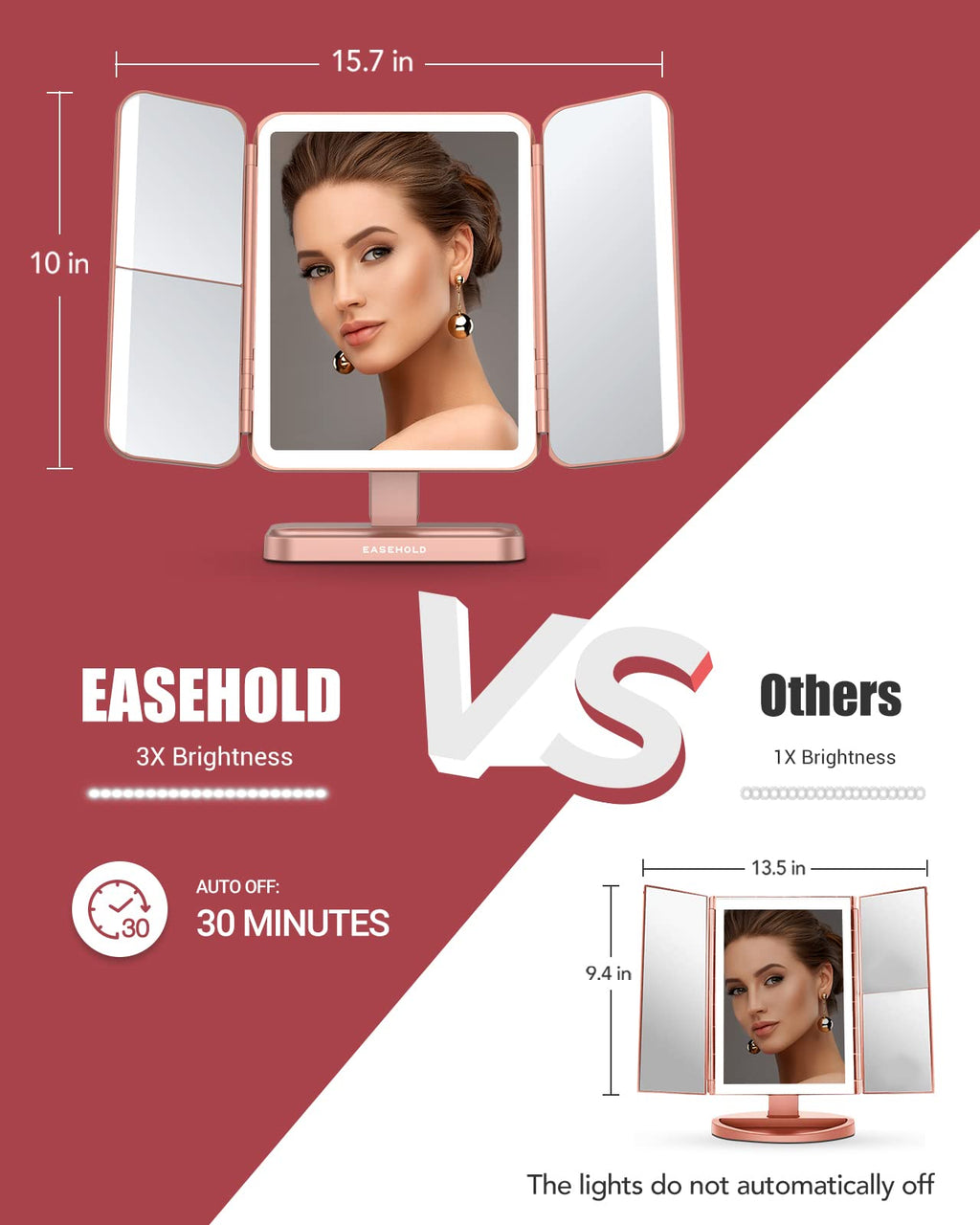 Easehold Rechargeable Vanity Mirror With Lights, 116 Leds Makeup Mirror, 3-Color Lighted Makeup Mirror, 2X/3X/10X Magnification,