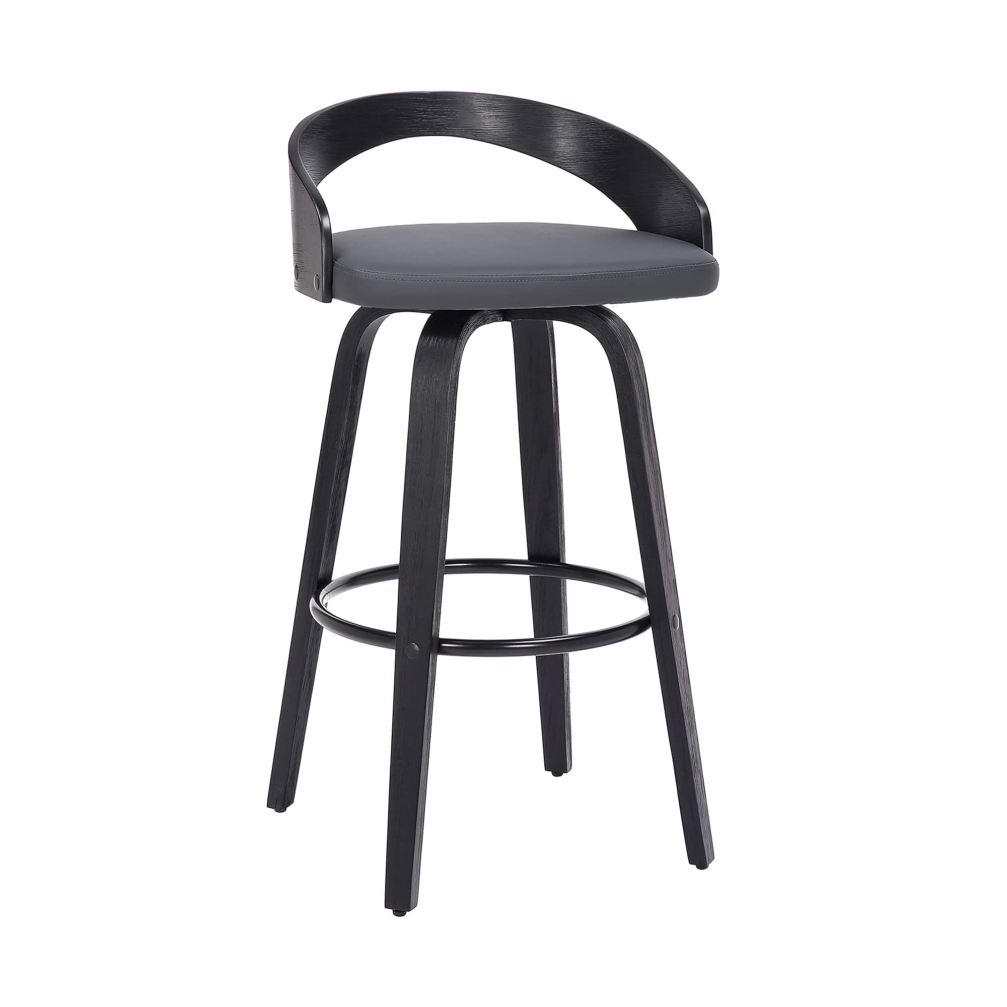 Armen Living Sonia Mid Century Modern Swivel Bar Stool for Kitchen Island Counter in Gray Faux Leather and Black Wood, 26 Seat H