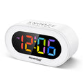 REACHER Small Colorful LED Digital Alarm Clock with Snooze, Simple to Operate, Full Range Brightness Dimmer, Adjustable Alarm Vo
