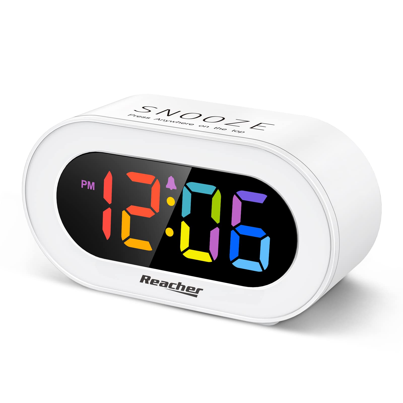 REACHER Small Colorful LED Digital Alarm Clock with Snooze, Simple to Operate, Full Range Brightness Dimmer, Adjustable Alarm Vo