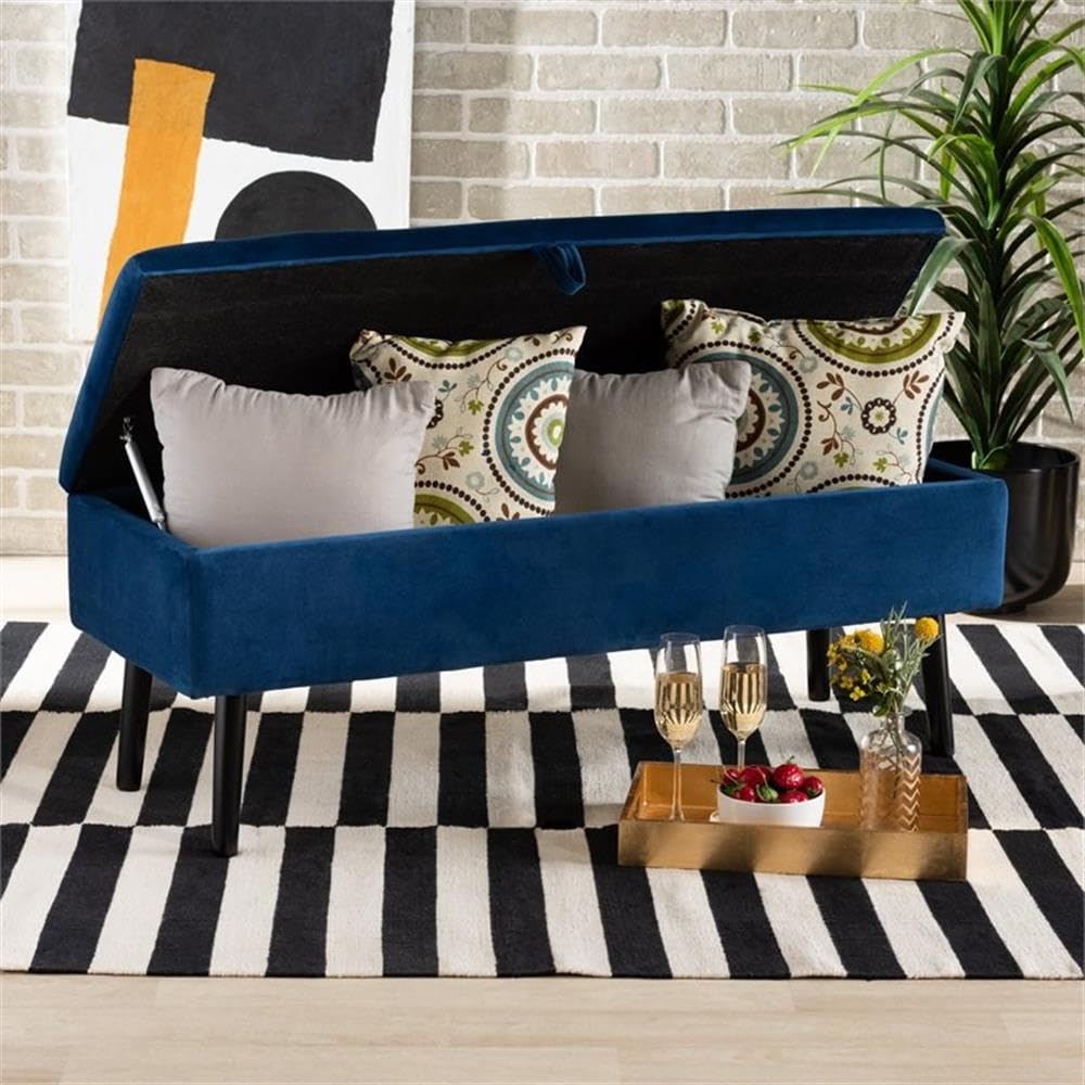 Baxton Studio Caine Modern and Contemporary Navy Blue Velvet Fabric Upholstered and Dark Brown Finished Wood Storage Bench