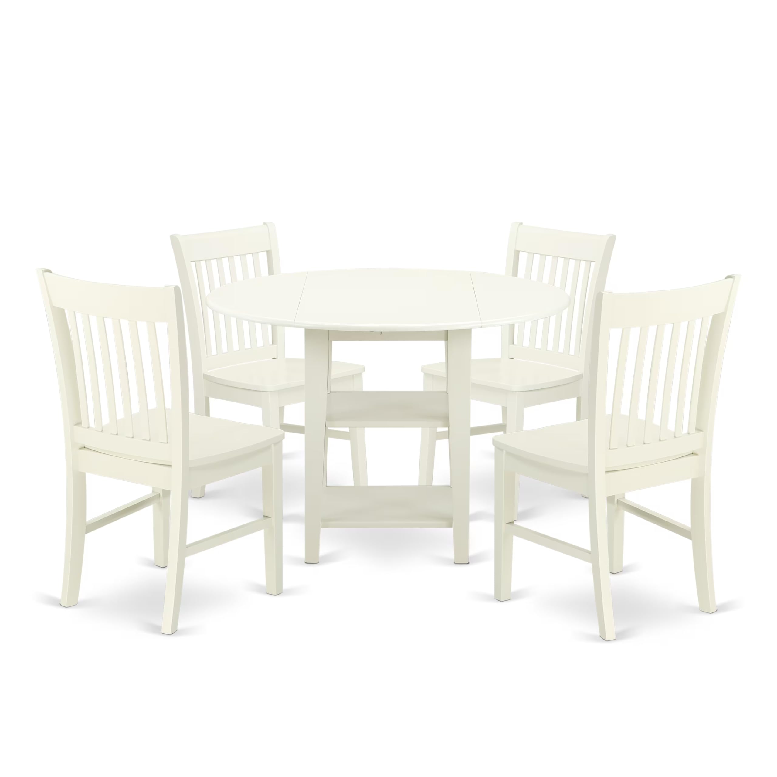 East West Furniture Suno5-Lwh-W 5 Piece Dining Room Table Set Includes A Round Dining Table With Dropleaf & Shelves And 4 Wood Seat Chairs, 42X42 Inch, Linen White
