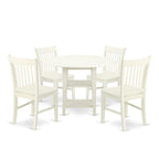 East West Furniture Suno5-Lwh-W 5 Piece Dining Room Table Set Includes A Round Dining Table With Dropleaf & Shelves And 4 Wood Seat Chairs, 42X42 Inch, Linen White