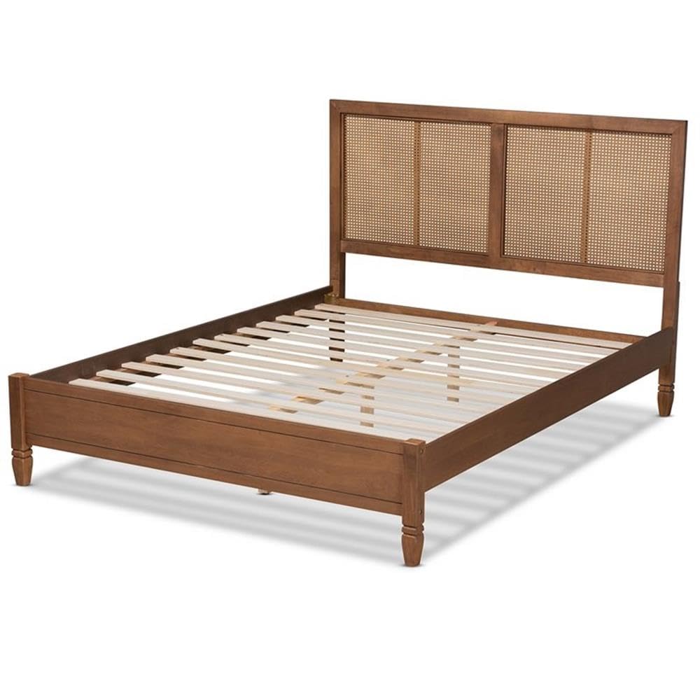 Baxton Studio Redmond Mid-Century Modern Walnut Brown Finished Wood and Synthetic Rattan Full Size Platform Bed