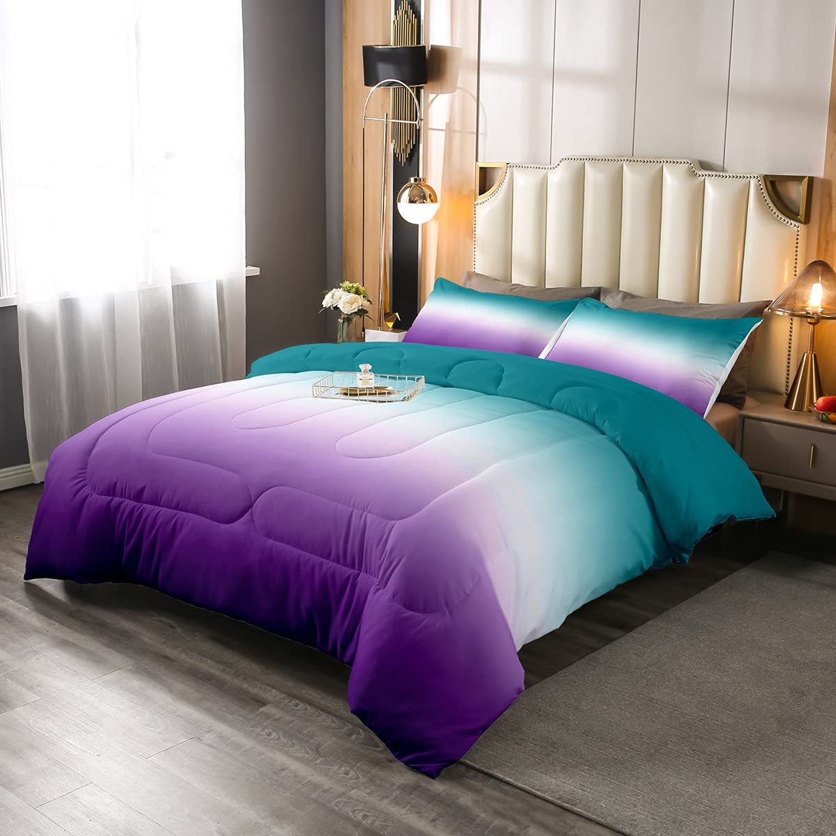 Erosebridal Ombre Comforter Set Green Purple Teal Bedding Set Twin Size Colorful Gradient Down Comforter Modern Abstract Quilt D
