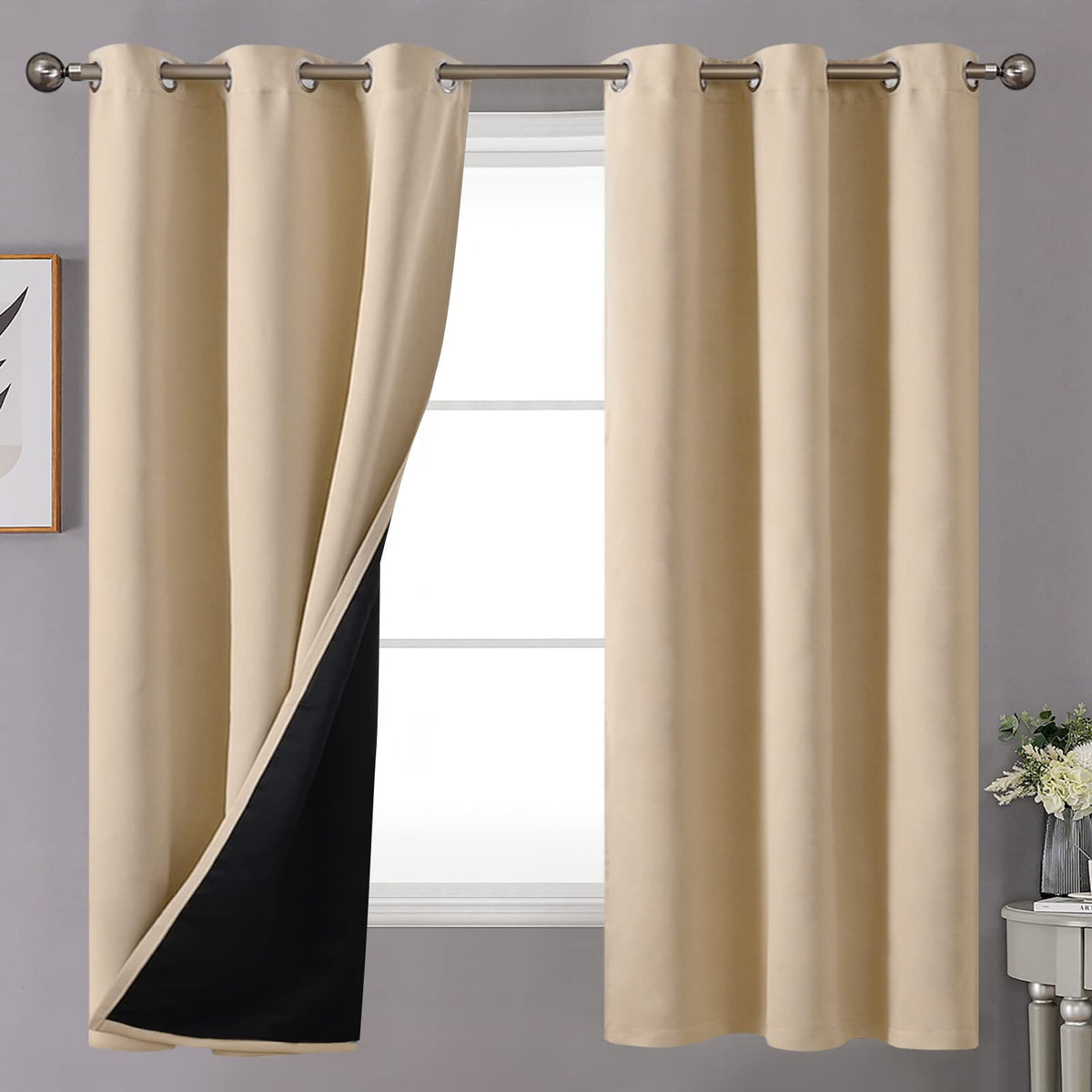 Youngstex Beige 100% Blackout Curtains 63 Inches Length For Bedroom, Double Layer Full Room Darkening Curtains Thermal Blackout