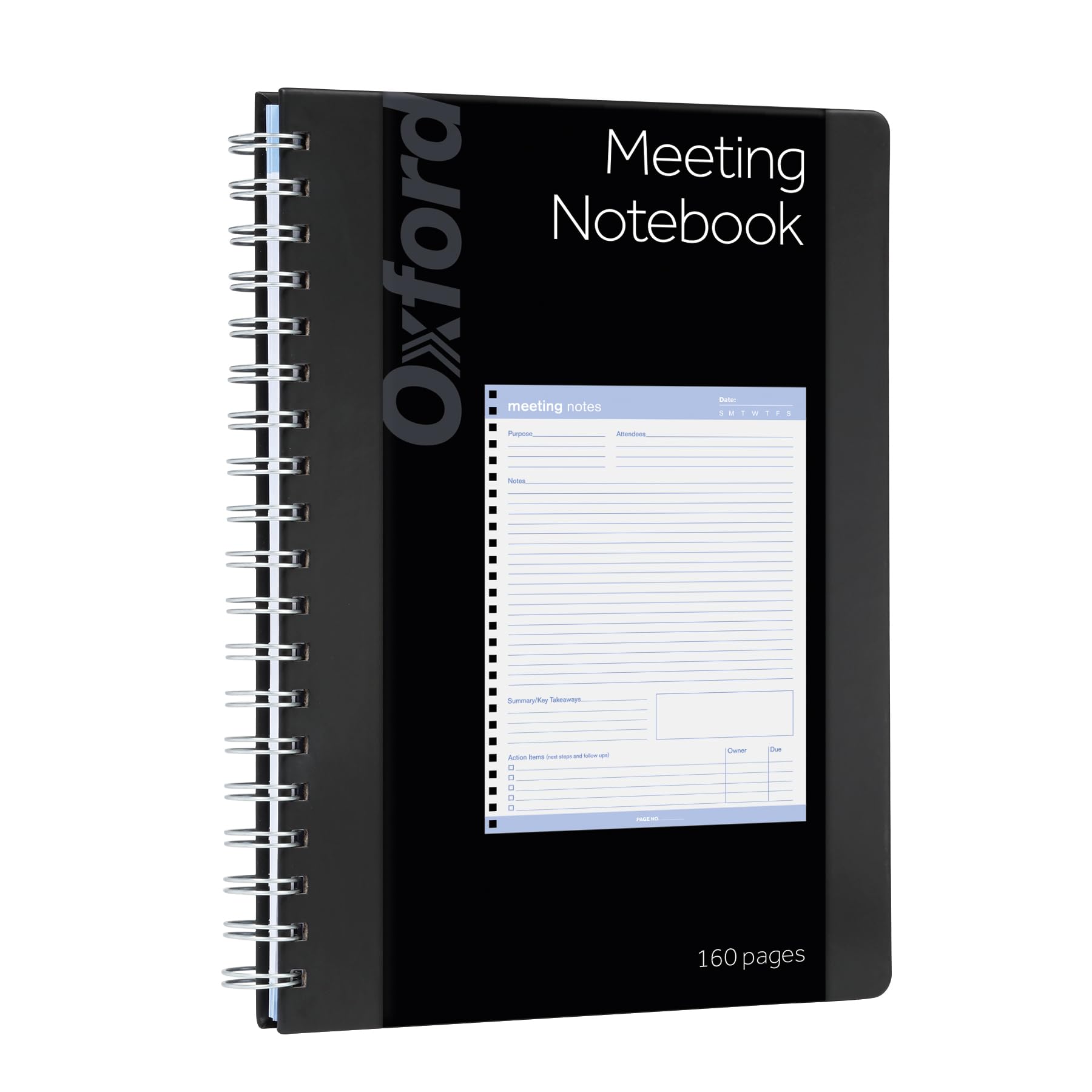 Oxford Meeting Notebook, Undated, Customizable Work Notes, Spiral Bound, Black Cover, Heavyweight 32 Lb. White Paper, 7.5' X 10
