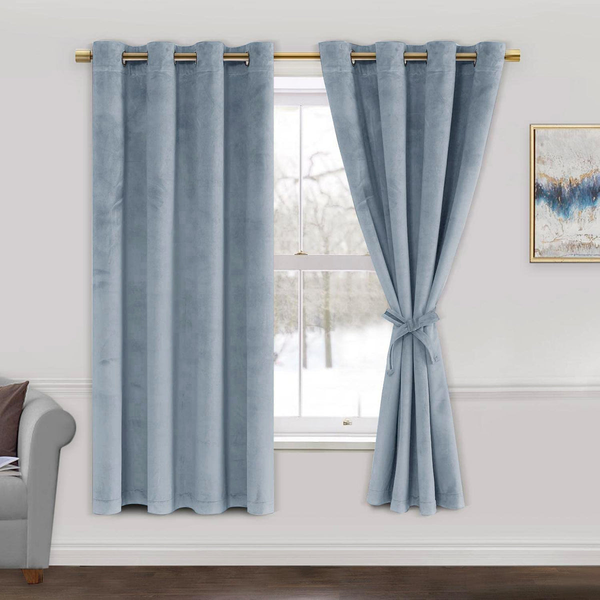 Jiuzhen Stone Blue Velvet Short Curtains- Super Soft Thick Velvet Texture Drapes Room Darkening Window Treatment For Kid'S Bedro