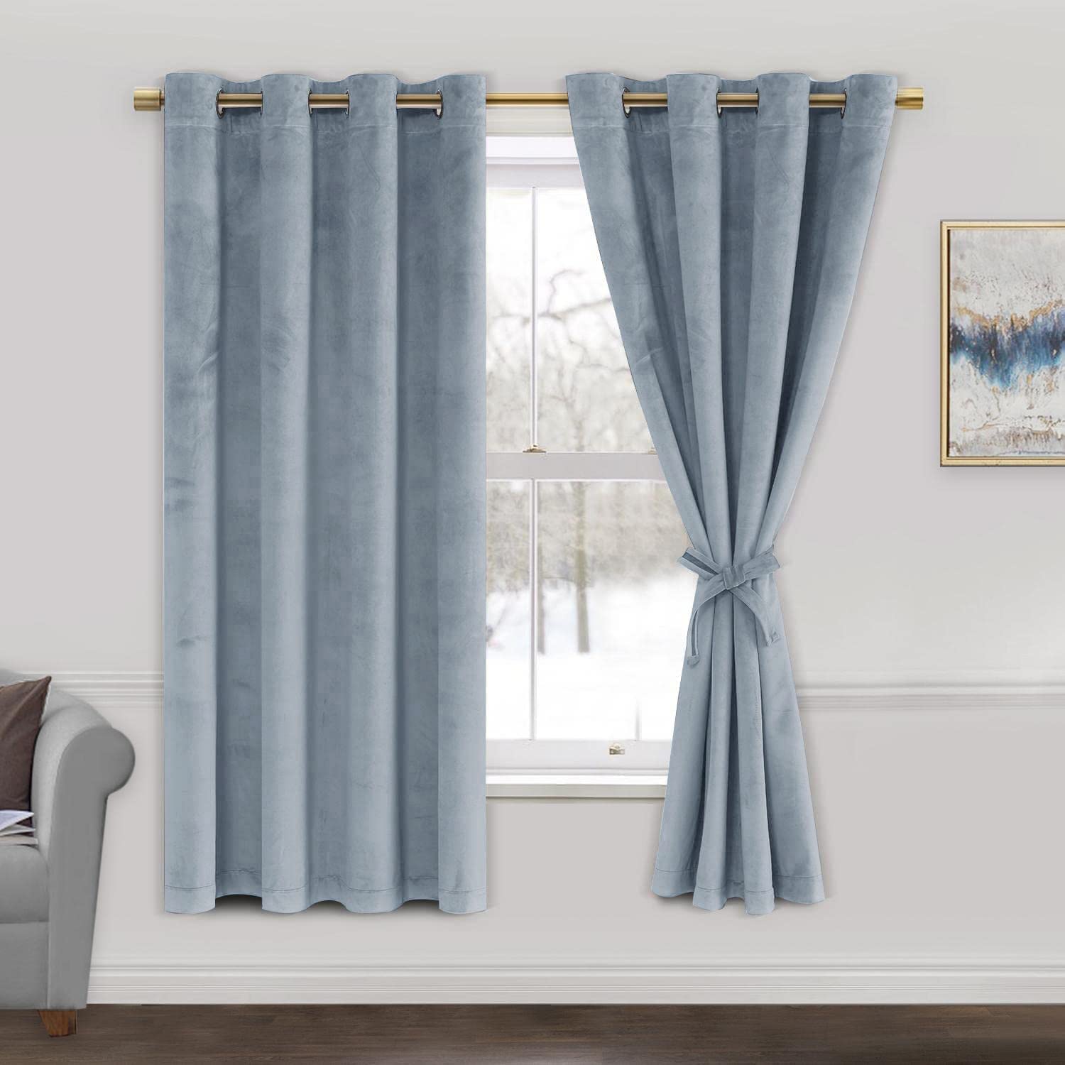 Jiuzhen Stone Blue Velvet Short Curtains- Super Soft Thick Velvet Texture Drapes Room Darkening Window Treatment For Kid'S Bedro