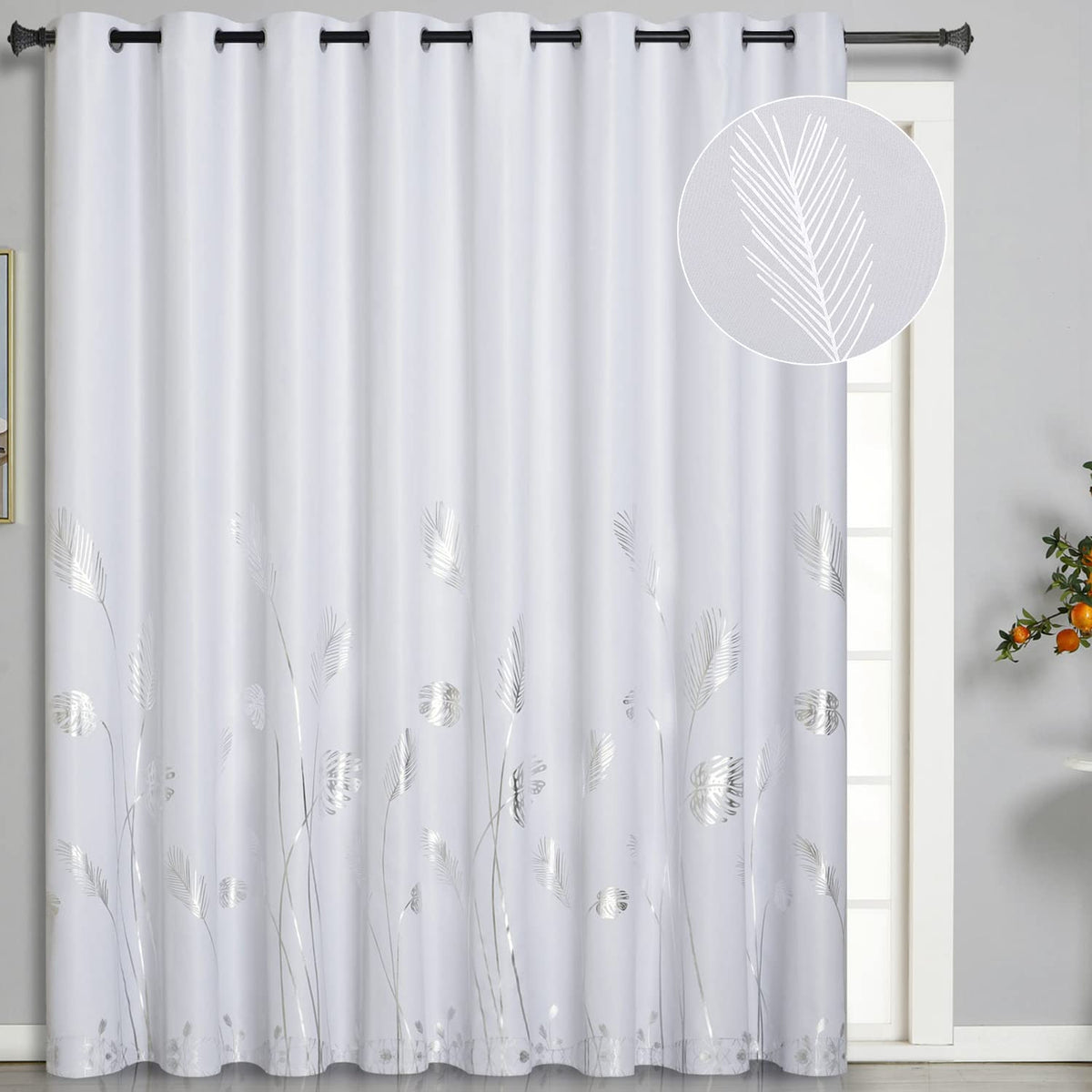 Estelar Textiler Greyish White Curtain For Dining Room 100W X 108L Inch Elegant Silver Palm Tree Design Thermal Insulated Drape