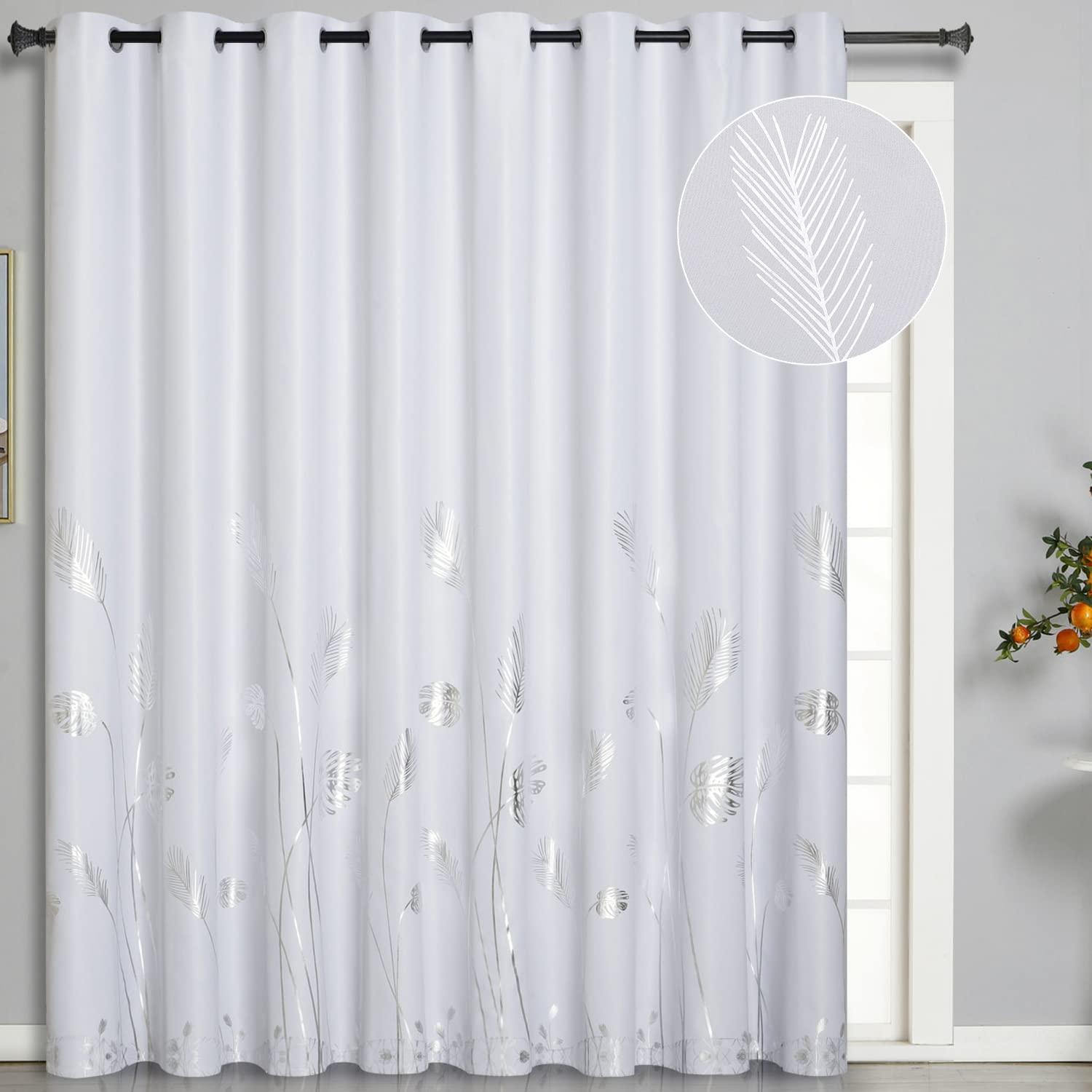 Estelar Textiler Greyish White Curtain For Dining Room 100W X 96L Inch Long Elegant Natural Silver Palm Tree Design Thermal Insu