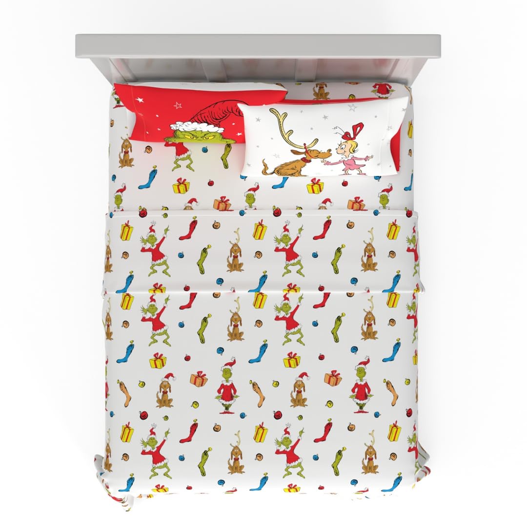 Franco Collectibles Dr. Seuss The Grinch Holiday & Christmas Bedding Super Soft Microfiber 4 Piece Full Sheet Set, (Officially L