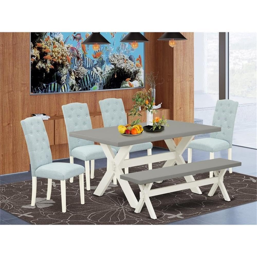 East West Furniture X096Ce215-6 6 Piece Dining Table Set Contains A Rectangle Kitchen Table With X-Legs And 4 Baby Blue Linen Fabric Upholstered Chairs With A Bench, 36X60 Inch, Multi-Color