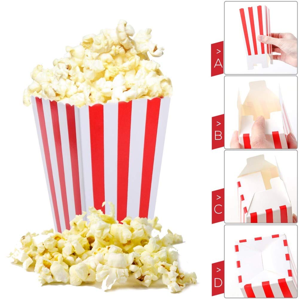 Red Striped Popcorn Boxes - Carnival Parties Mini Paper Popcorn And Candy Containers, Party Supplies For Movie Nights (Pack 24)