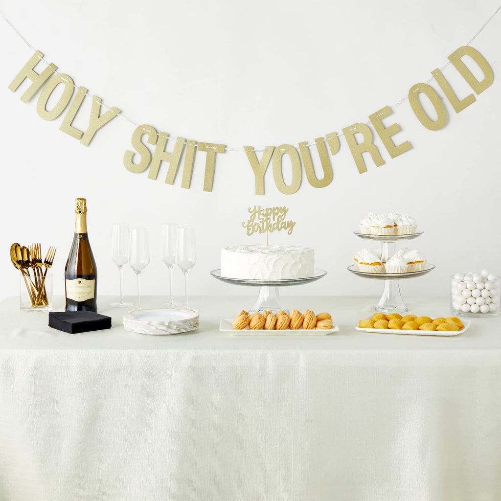 Blue Panda - Funny Gold Happy Birthday Banner And Cake Topper Set, Holy Sh*T You'Re Old Party Decorations (10 Feet)