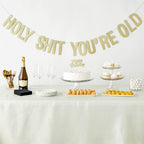 Blue Panda - Funny Gold Happy Birthday Banner And Cake Topper Set, Holy Sh*T You'Re Old Party Decorations (10 Feet)