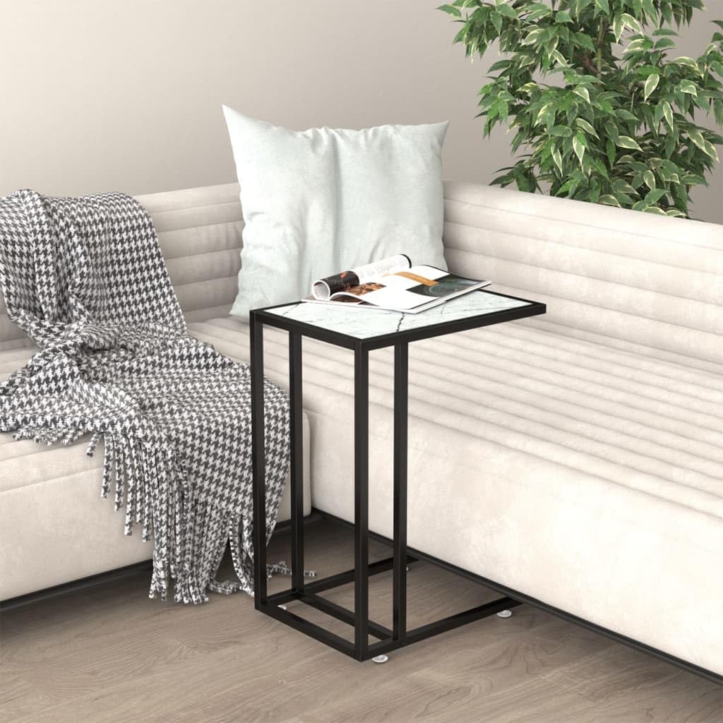 Vidaxl Computer Side Table C Shaped End Table White Marble Tempered Glass