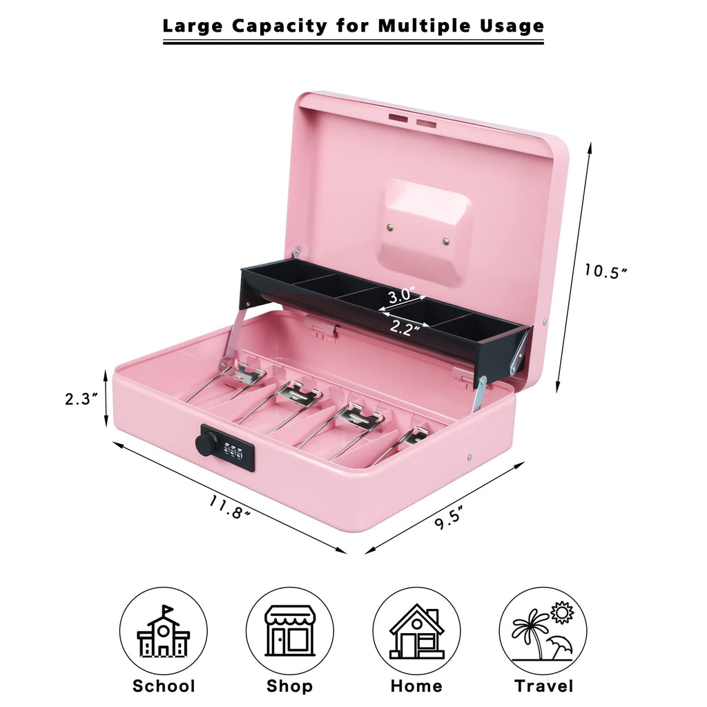 Xydled Cash Box With Money Tray And Combination Lock,Tiered, Cantilever Design,4 Bill / 5 Coin Slots,11.8' X 9.5' X 3.5',Pink