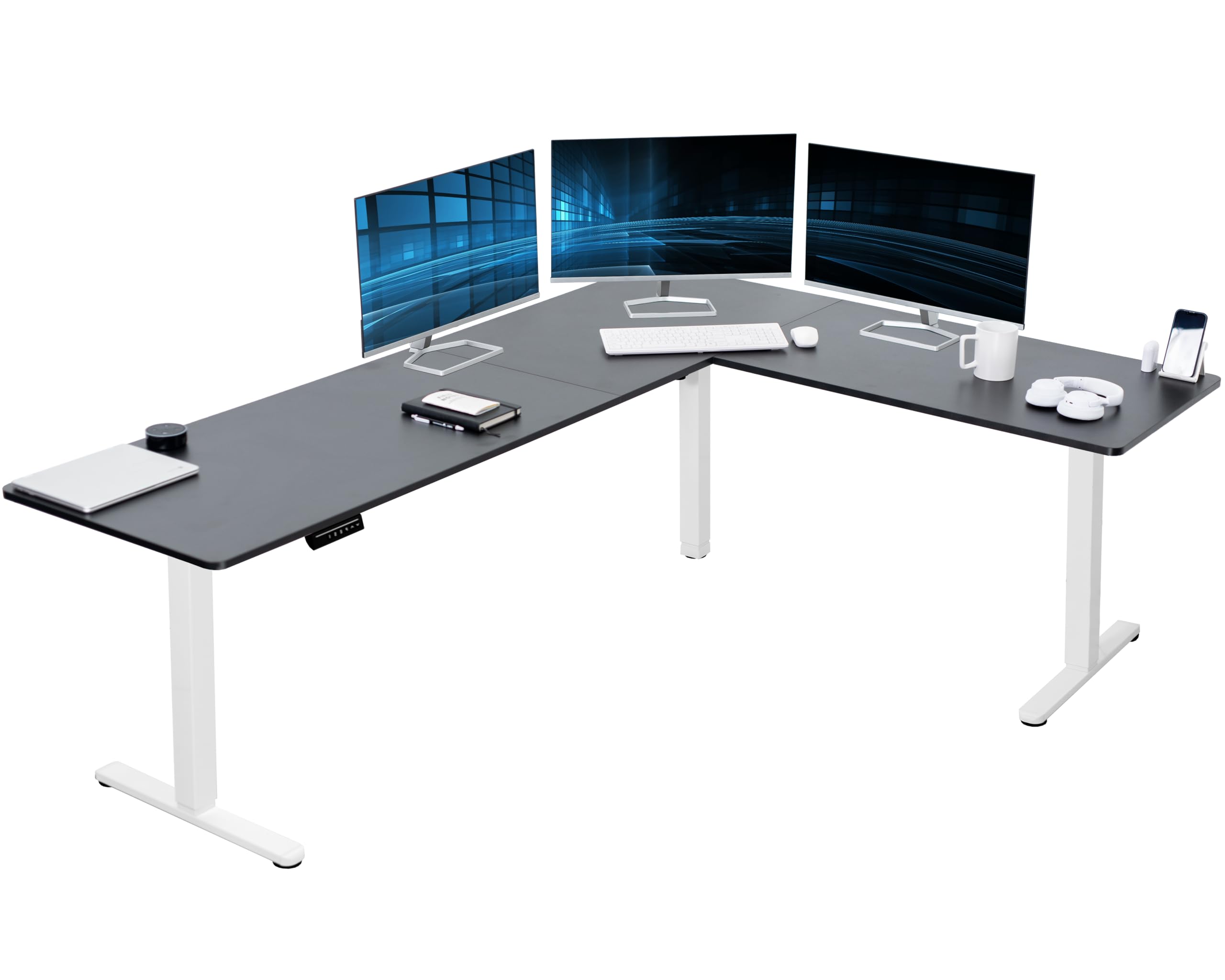 VIVO Electric Corner 84 x 63 inch L-Shaped Standing Desk, Memory Height Adjustment, Black Top White Frame, DESK-E3CTWB-84