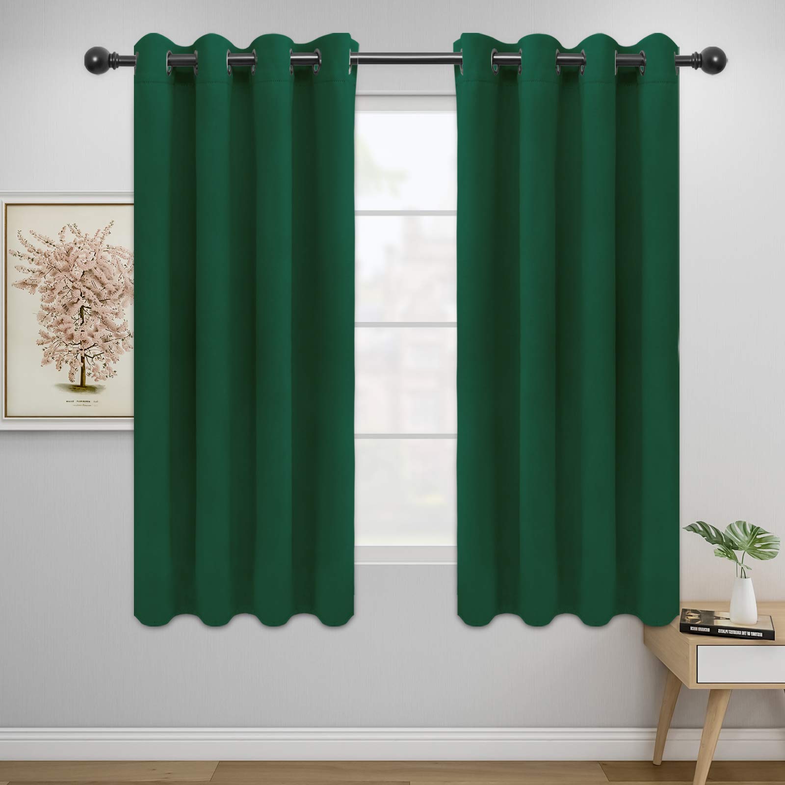 Easy-Going Blackout Curtains For Bedroom, Solid Thermal Insulated Grommet And Noise Reduction Window Drapes, Room Darkening Curtains For Living Room, 2 Panels(52X63 In,Dark Green)