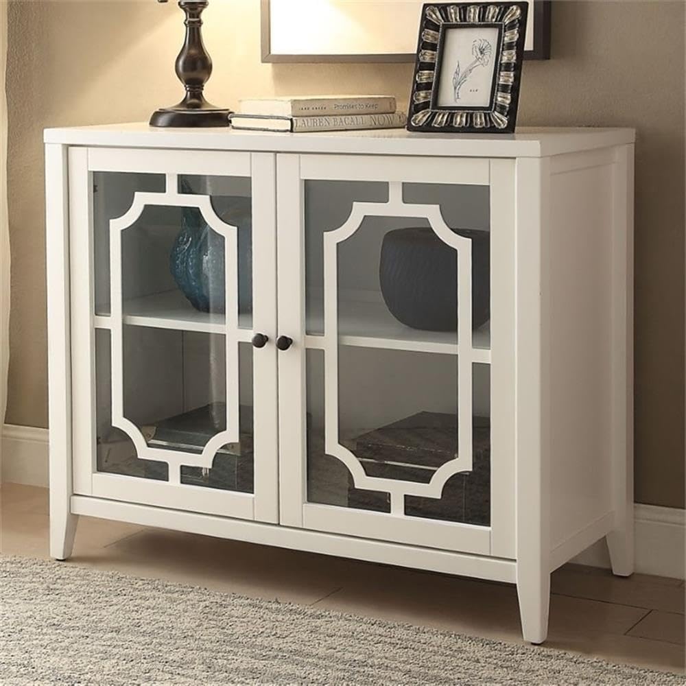 Acme Ceara Storage Wooden Console Table With 2 Glass Doors In White
