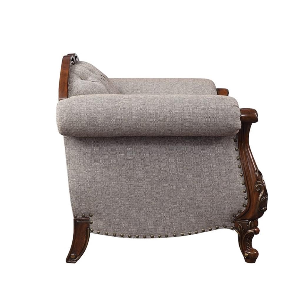 Acme Miyeon Fabric Button Tufted Chair with 1 Pillow in Gray and Cherry