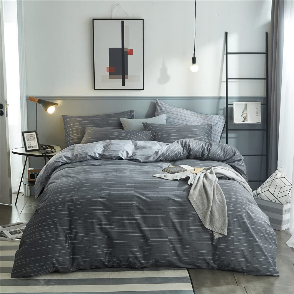 Vm Vougemarket 100% Natural Cotton Striped Duvet Cover Set,Gray Stripes Pattern Printed Comforter Cover For Boys Men,Reversible
